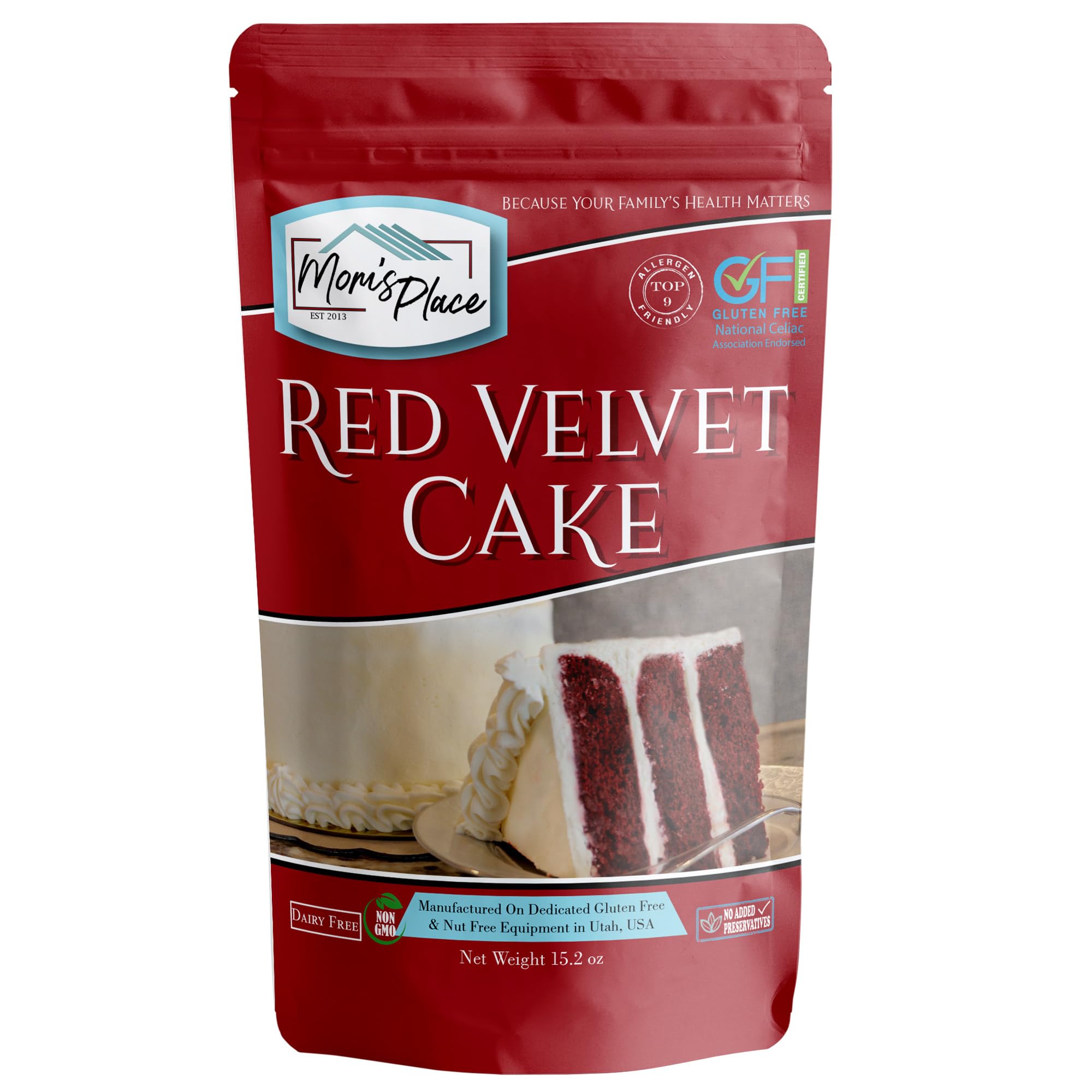 Mom's Place Gluten-Free Red Velvet Cake Mix, Nut-Free, Dairy-Free, Soy-Free, 12 servings,15.2 oz