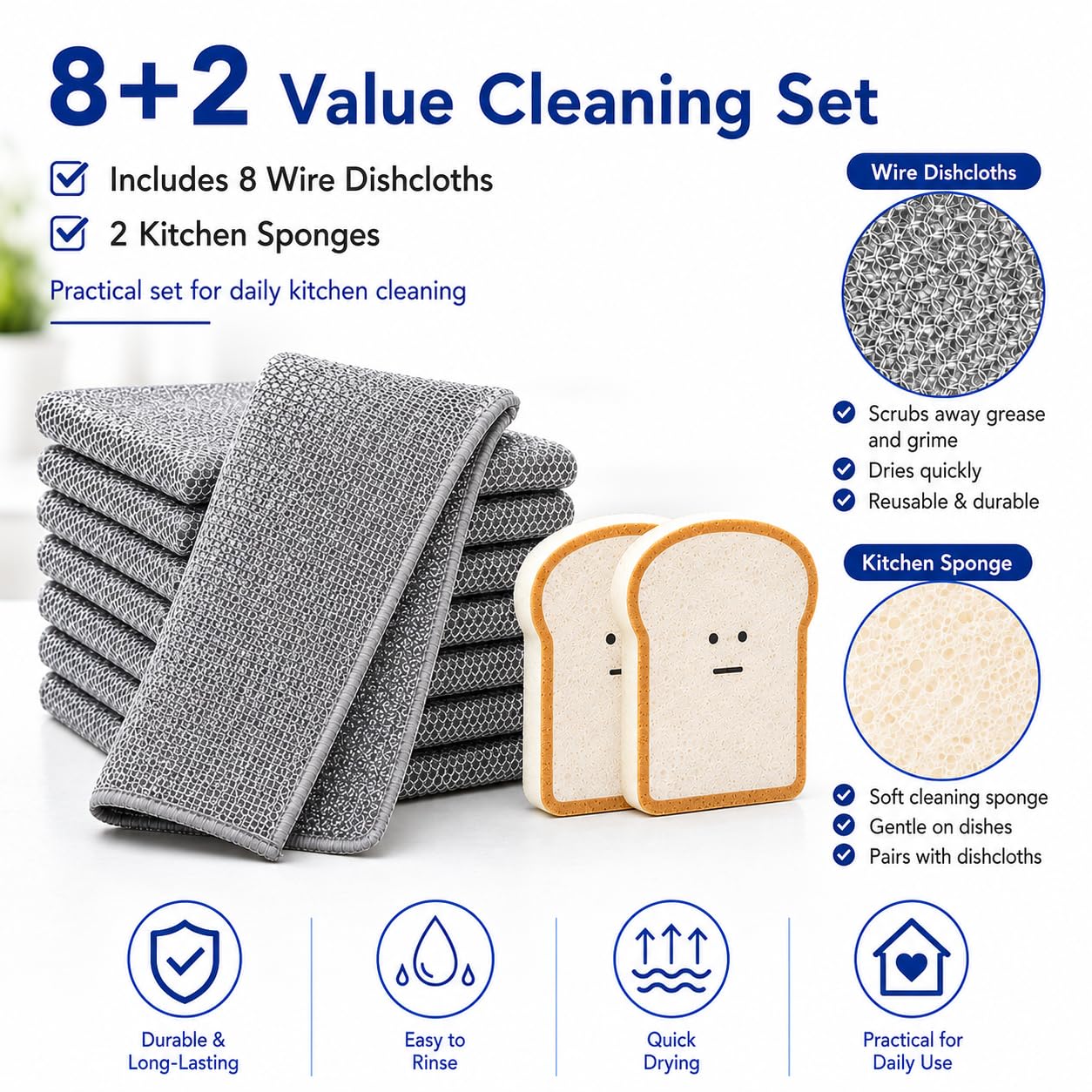 Non Scratch Wire Dishcloths 8 Pack with 2 Kitchen Sponges, Reusable Double Layer Wire Cleaning Cloths for Pots, Pans, Dishes, Sinks and Stove Tops