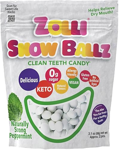 Zolli Snow Ballz Clean Teeth Candy Sugar-Free, Dye-Free, Keto & Diabetic-Friendly, Dentist-Approved Treats for Kids (Peppermint, 3.1 oz)