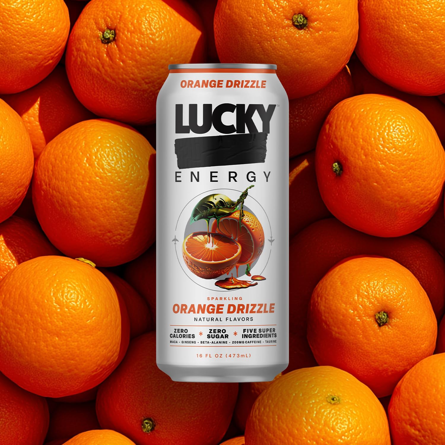 Lucky Energy Sugar Free Energy Drinks, Orange Drizzle, 16oz Cans (12-Pack) Healthy, Zero Sugar Energy Drink with Maca, Ginseng, Beta-Alanine, Taurine