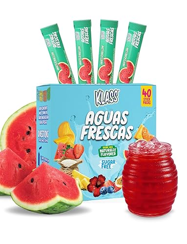 Klass Aguas Frescas, Powdered Drink Mix, 40 Singles Zero Sugar & Caffeine-Free Powder Packets, Water Drink Mix, Flavor: Watermelon - 5 Calories Per