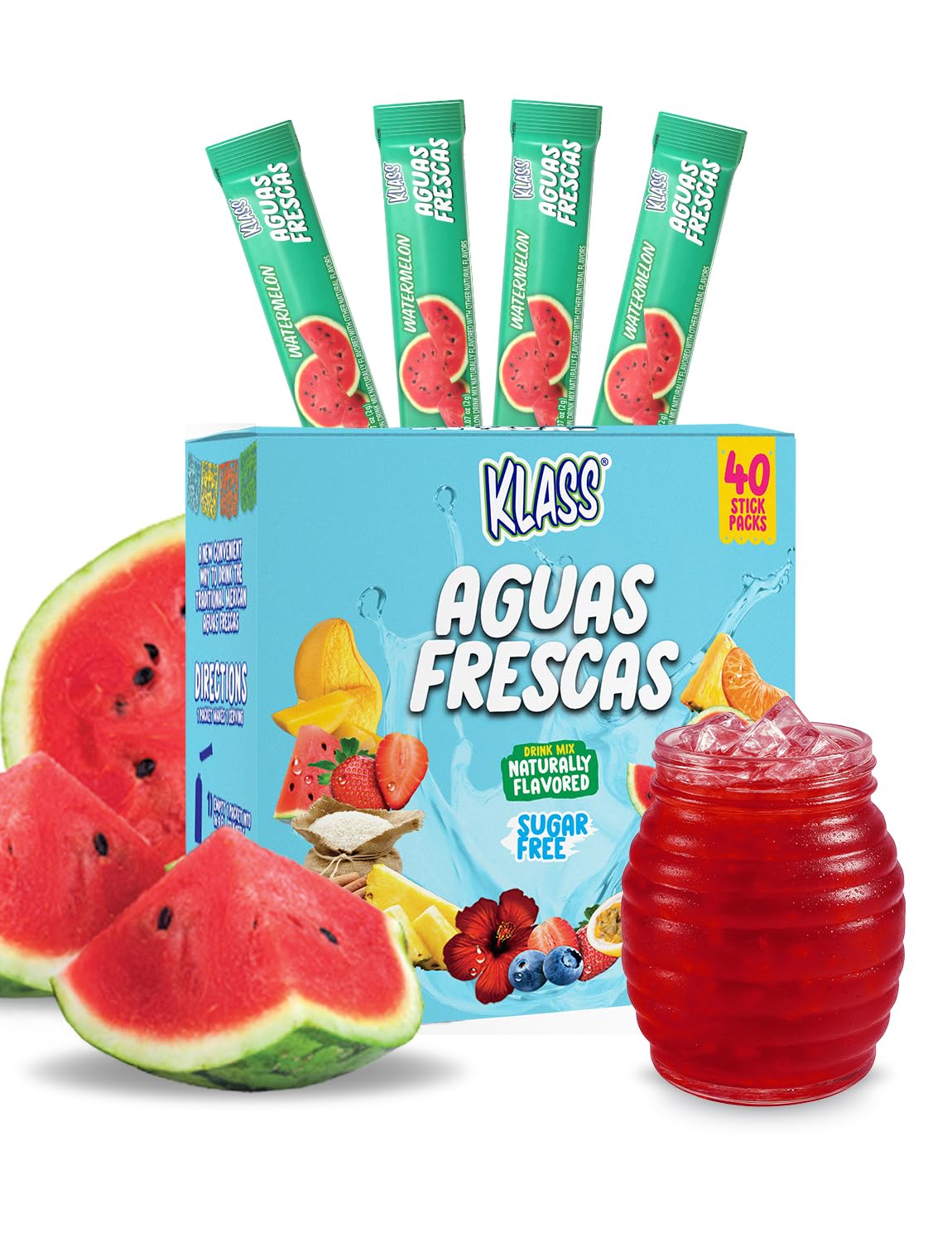Klass Aguas Frescas, Powdered Drink Mix, 40 Singles Zero Sugar & Caffeine-Free Powder Packets, Water Drink Mix, Flavor: Watermelon - 5 Calories Per