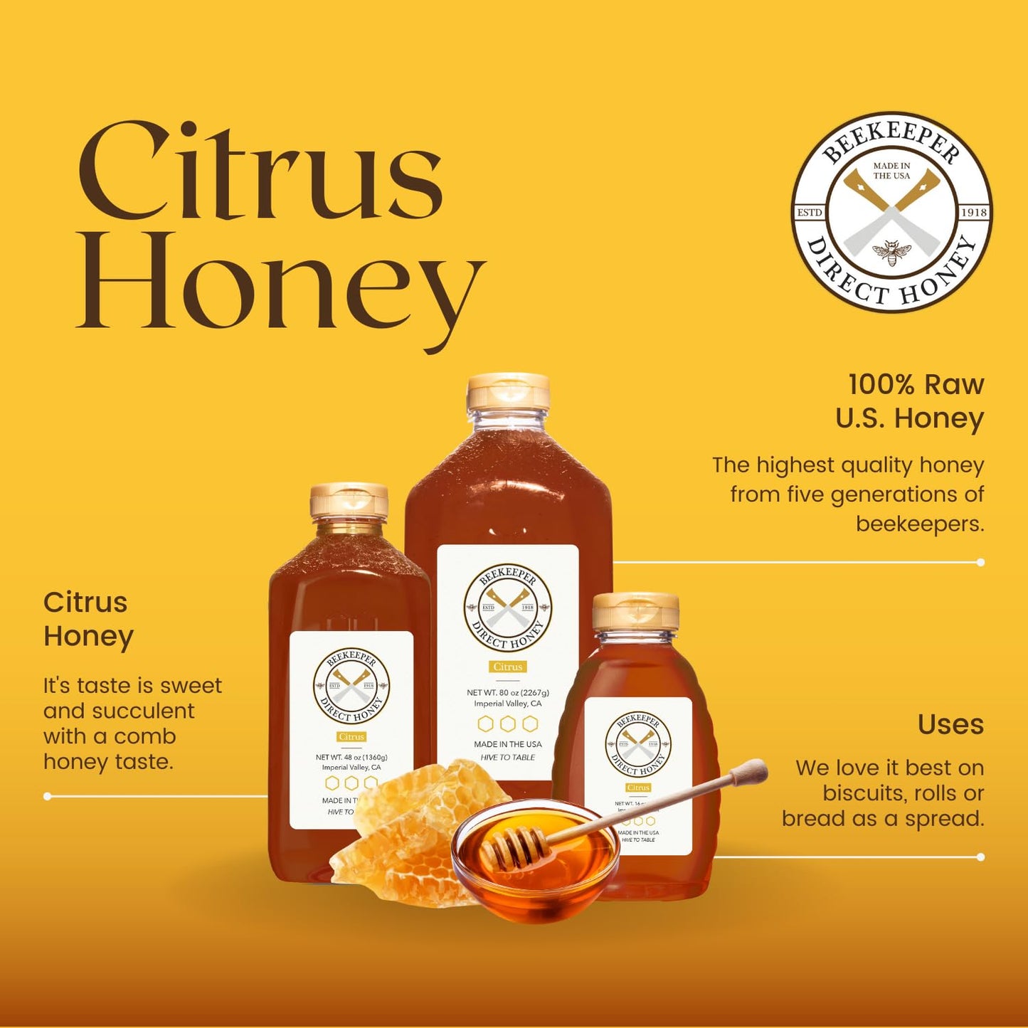 Beekeeper Direct Raw Unfiltered Honey - Real Raw Citrus Honey - All Natural Non-GMO Pure Gourmet Honey - Local California Orange, Grapefruit