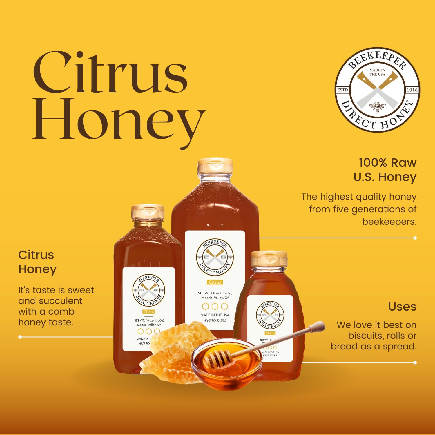Beekeeper Direct Raw Unfiltered Honey - Real Raw Citrus Honey - All Natural Non-GMO Pure Gourmet Honey - Local California Orange, Grapefruit