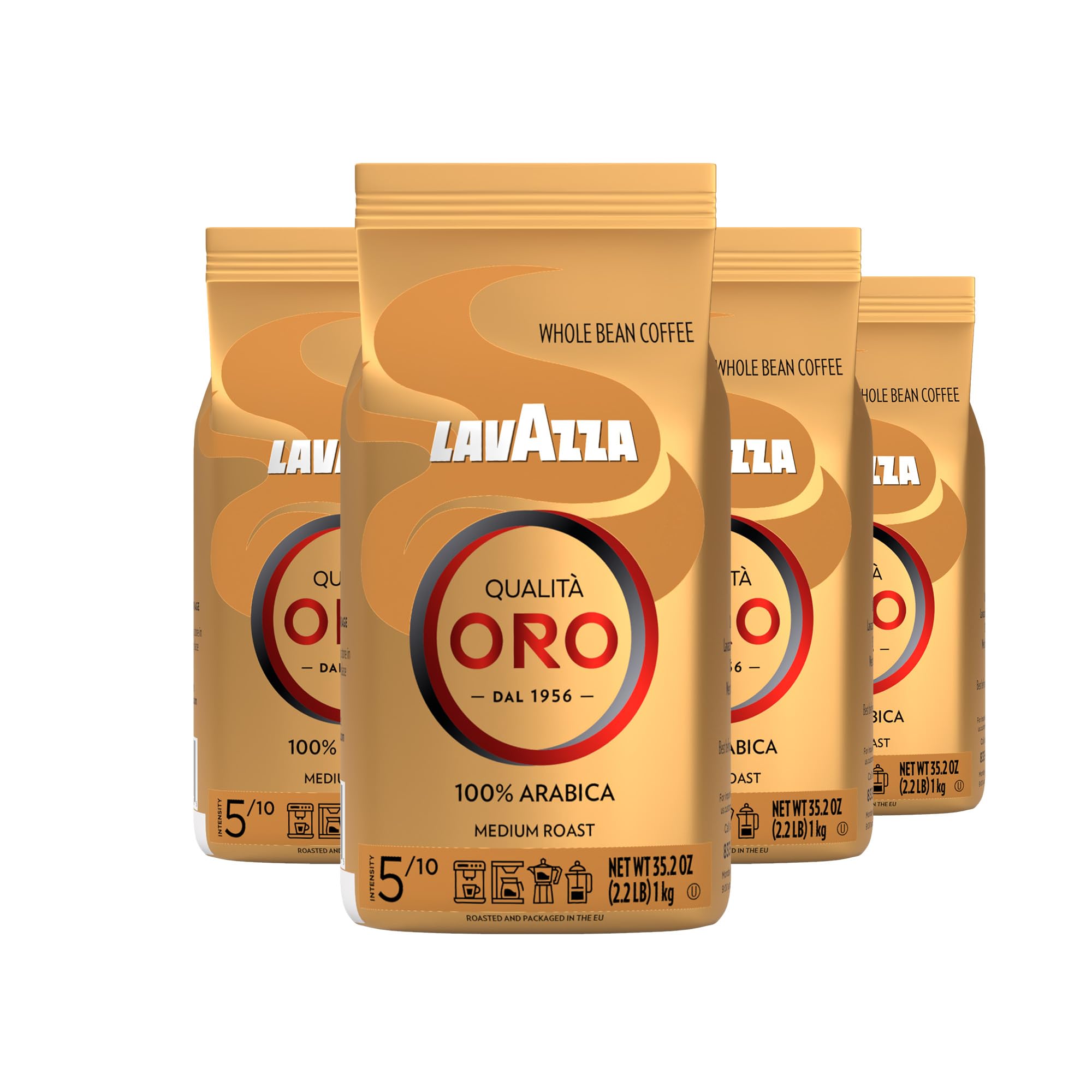 Lavazza Qualità Oro Whole Bean Coffee, Medium Roast, 100% Arabica, 2.2 lb Bag (Pack of 4)