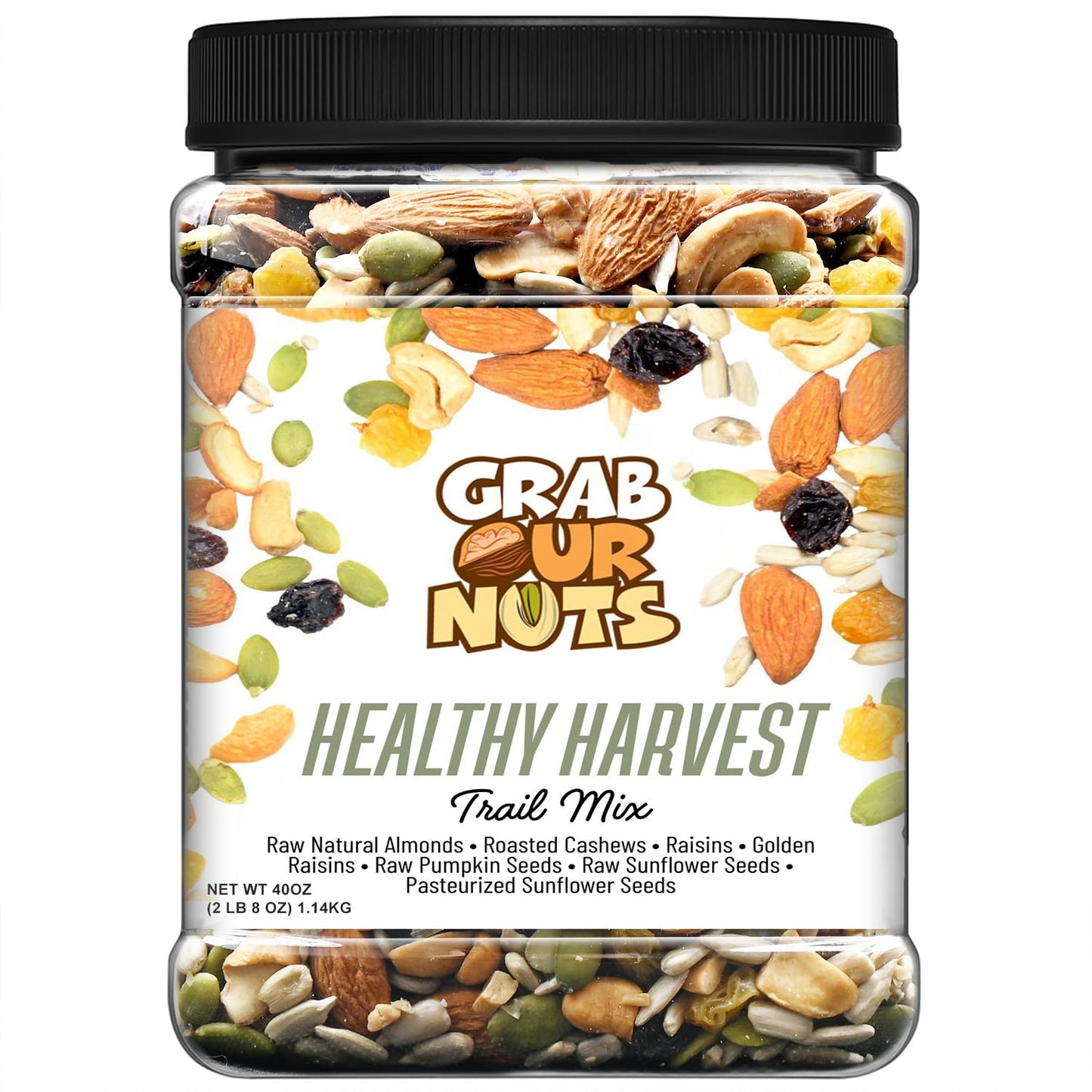 Grab Our Nuts Healthy Harvest Trail Mix 40 Ounce Jar: Raw Natural Almonds, Roasted Cashews, Raisins, Golden Raisins, Raw Pumpkin Seeds, Raw Sunflower
