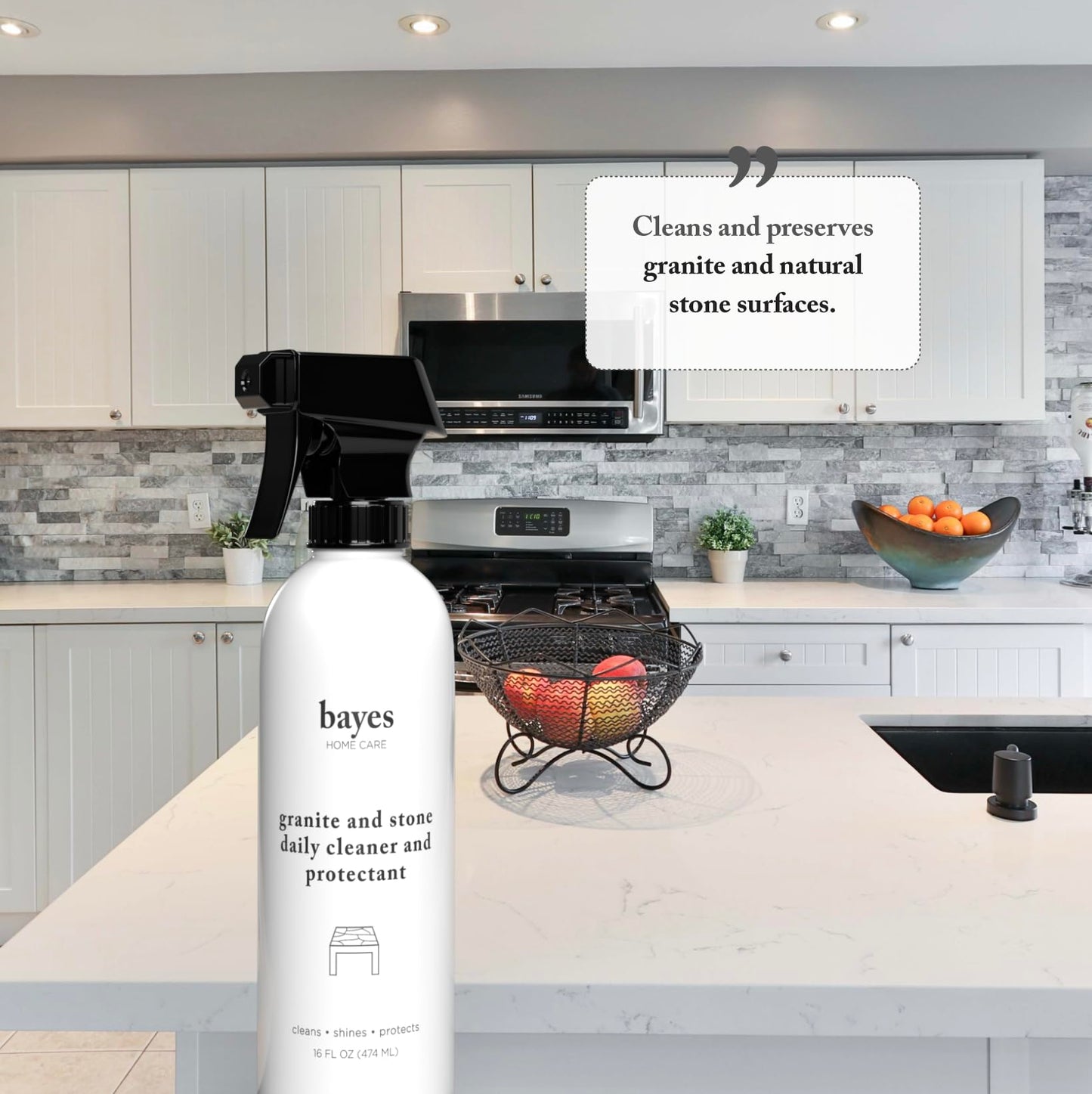 Bayes Granite and Stone Daily Cleaner and Protectant - Cleans, Shines, and Protects - For Granite, Quartz, Marble, Tile, Stone Surfaces - 16 oz