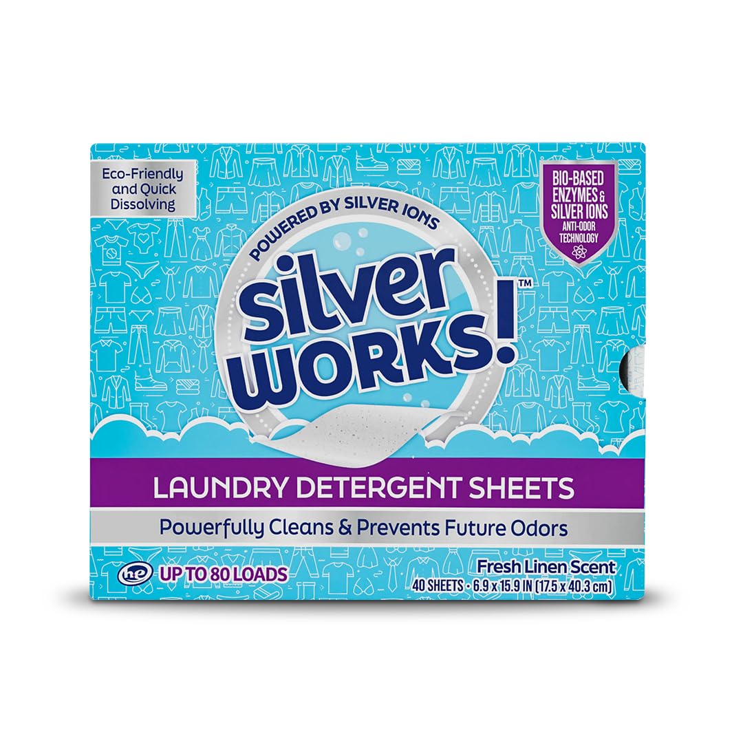 SilverWorks! Premium Dissolvable Laundry Detergent Sheets, Silver Ion Odor Elimination Technology, Powerfully Clean & Prevent Odors, Dissolves Fully