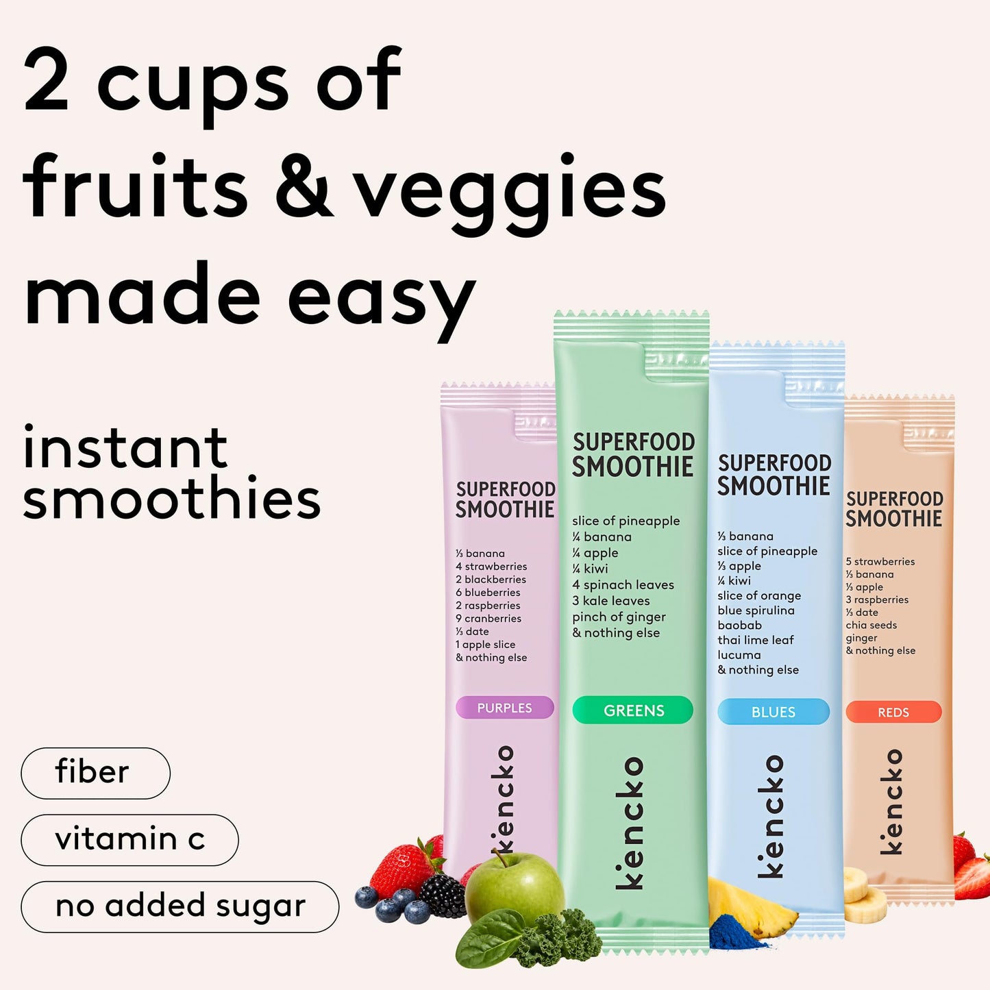 kencko Instant Smoothie Powder Mix Variety Packets, 16 Pack - Reds, Blues, Greens & Purples - Healthy Freeze-Dried Fruit & Veggie Superfood Powdered