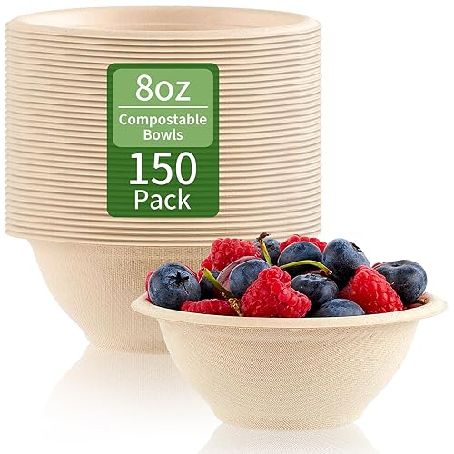 ZORRITA 150 Pack 8 oz Compostable Paper Bowls Small Disposable Soup Bowls Natural Sugarcane Biodegradable Bowls for Ice Cream, Desserts, Salads, Pet