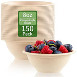 ZORRITA 150 Pack 8 oz Compostable Paper Bowls Small Disposable Soup Bowls Natural Sugarcane Biodegradable Bowls for Ice Cream, Desserts, Salads, Pet