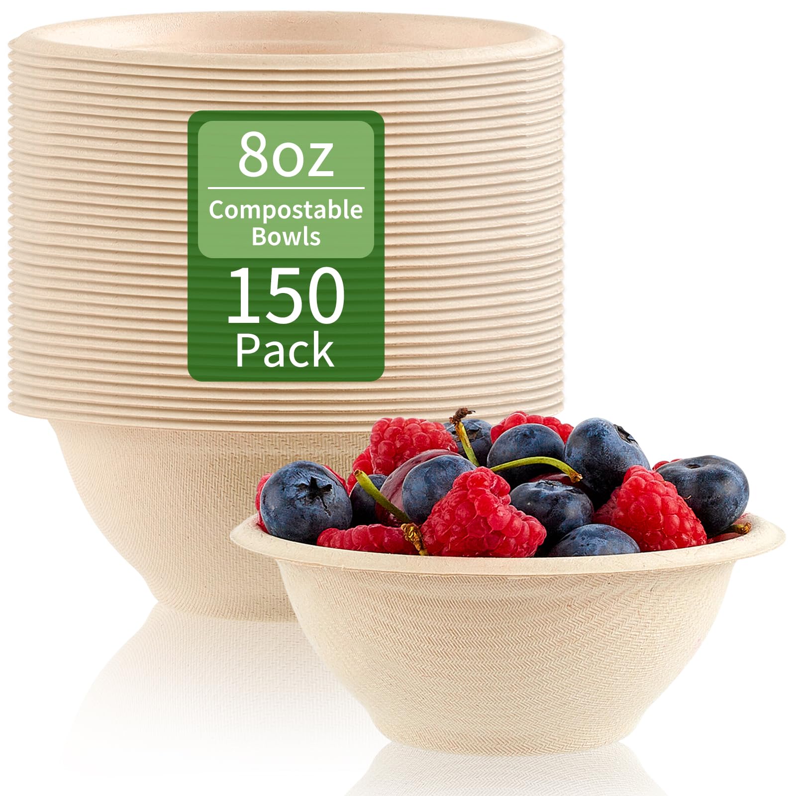 ZORRITA 150 Pack 8 oz Compostable Paper Bowls Small Disposable Soup Bowls Natural Sugarcane Biodegradable Bowls for Ice Cream, Desserts, Salads, Pet