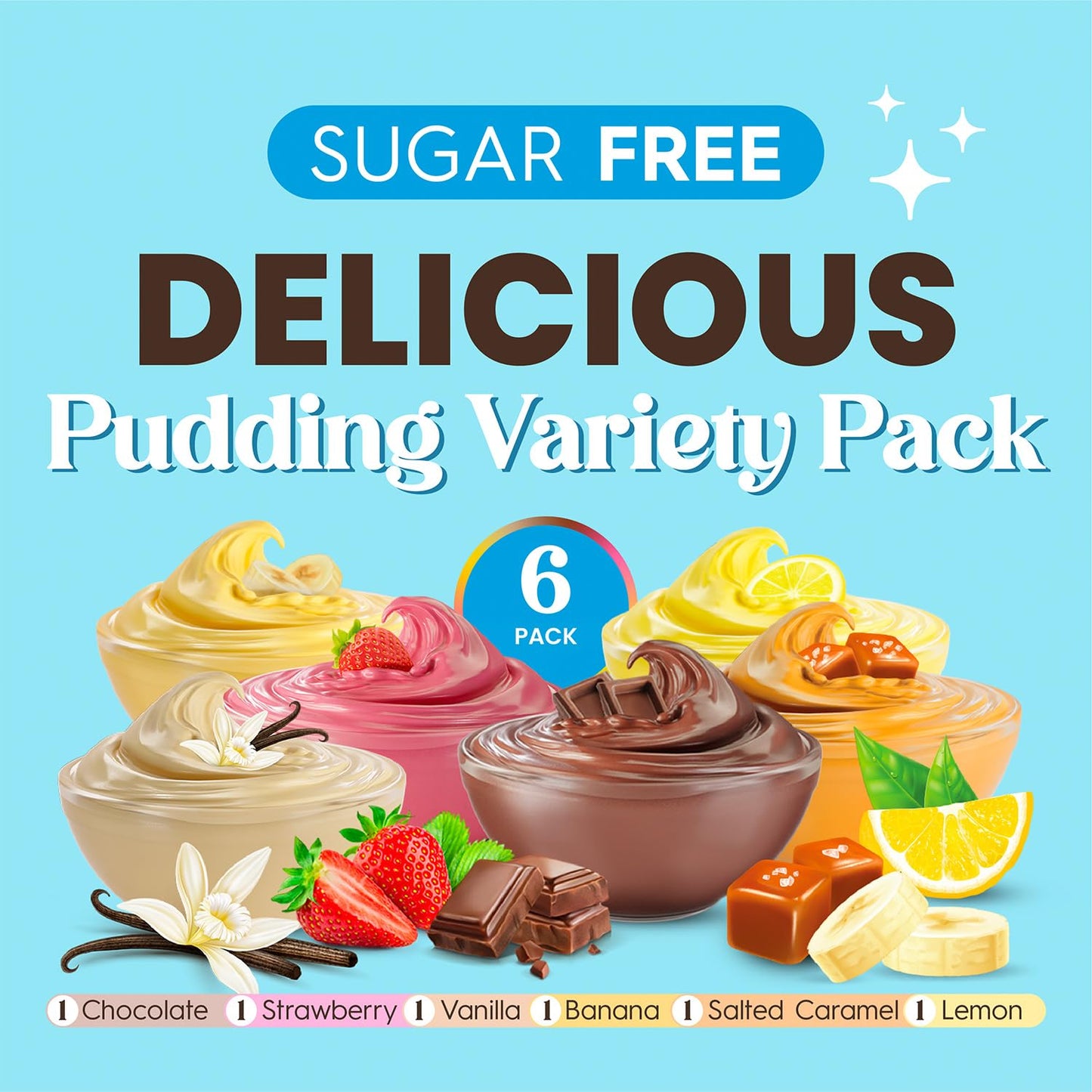 Simply Desserts Strawberry, Chocolate, Vanilla, Banana, Salted Caramel, Lemon Instant Pudding, Sugar-Free, Variety 6-Pack - Healthy Dessert, Keto
