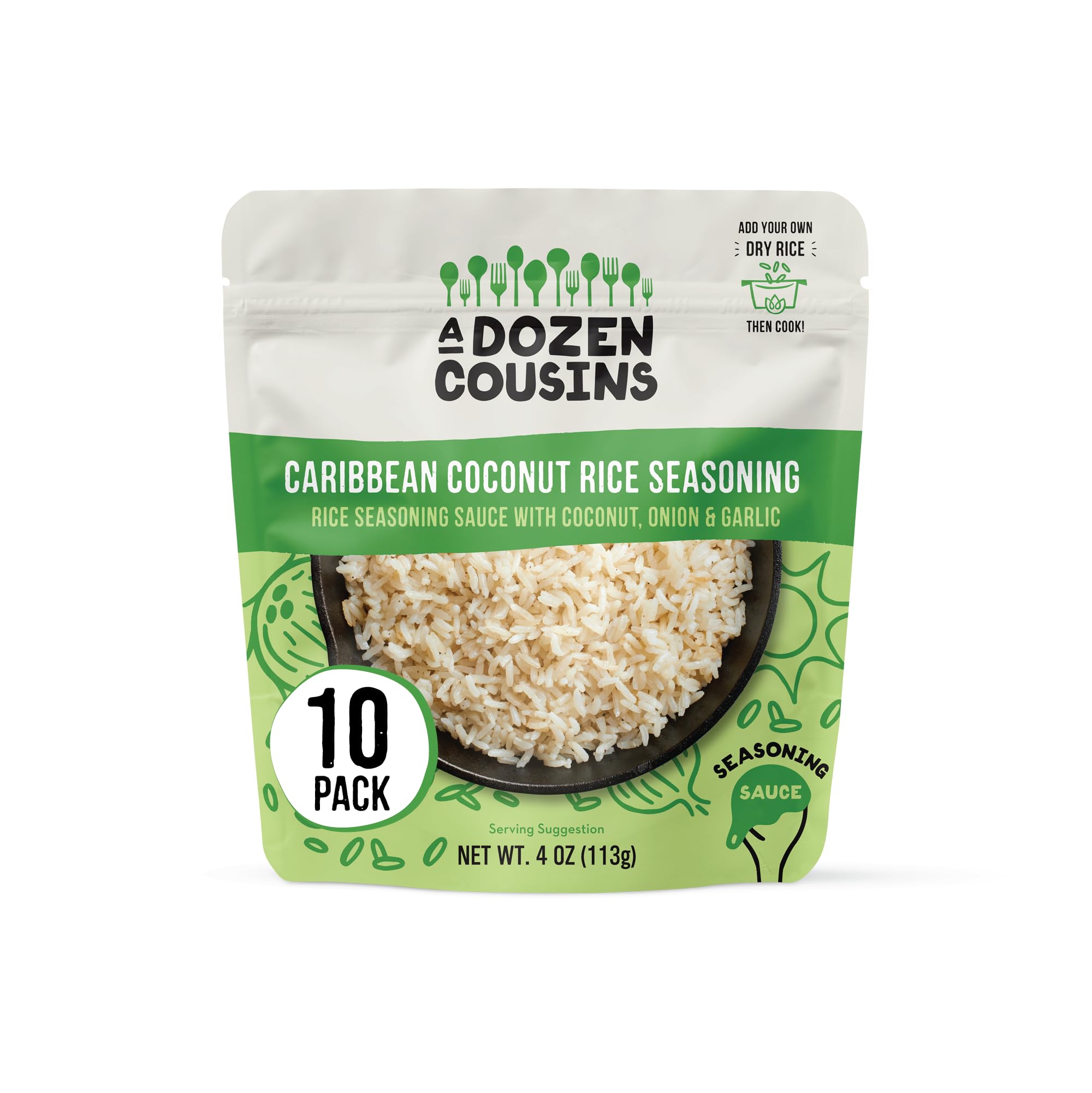 A Dozen Cousins Caribbean Coconut Rice Seasoning Sauce (10 Pack), Pour & Mix Coconut Rice Starter, Coconut Paste, Dried Coconut, Garlic, Spices