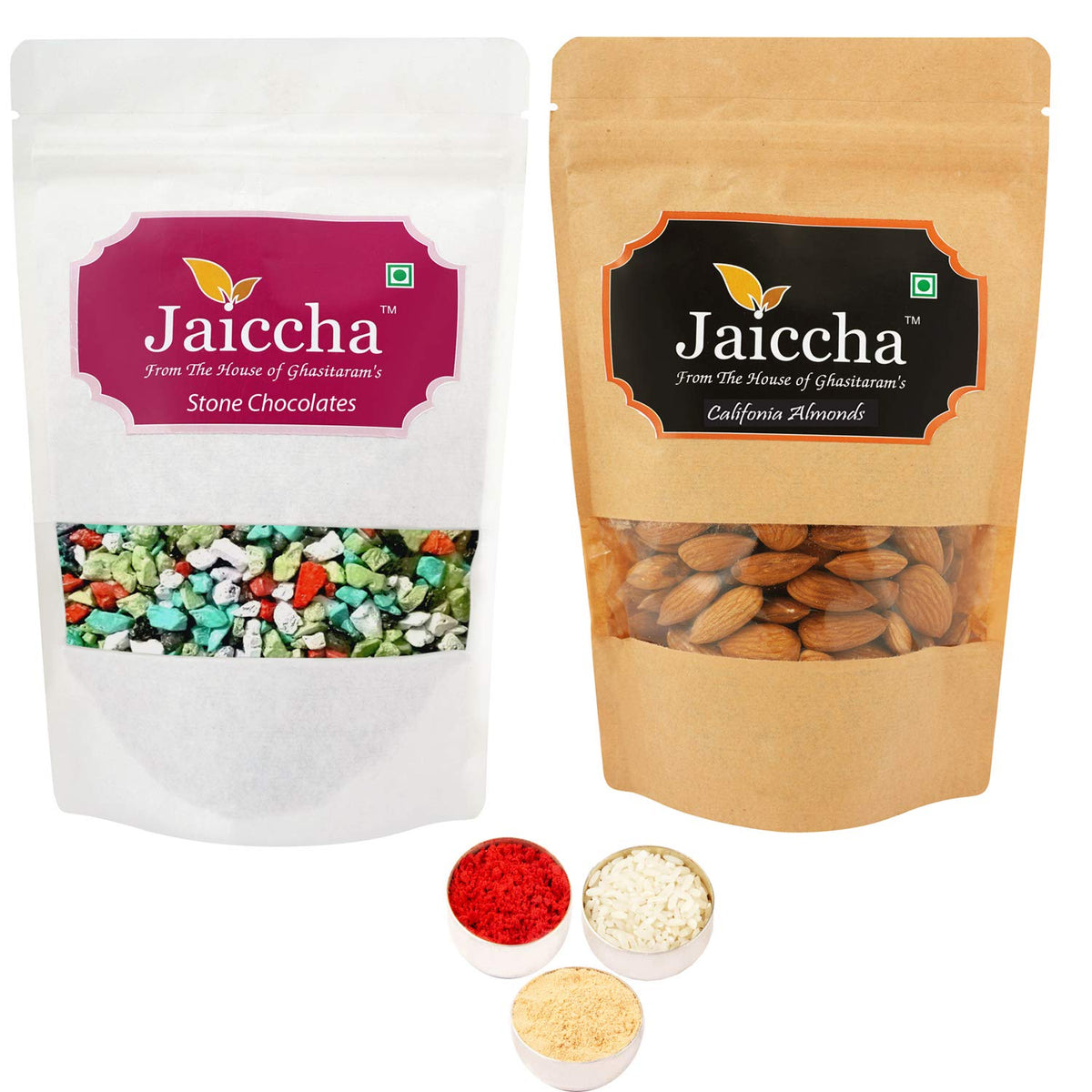 Jaiccha Ghasitaram Bhaidooj Gifts - Pack of 2 Stone Chocolate and Almond Pouches Small 200 GMS