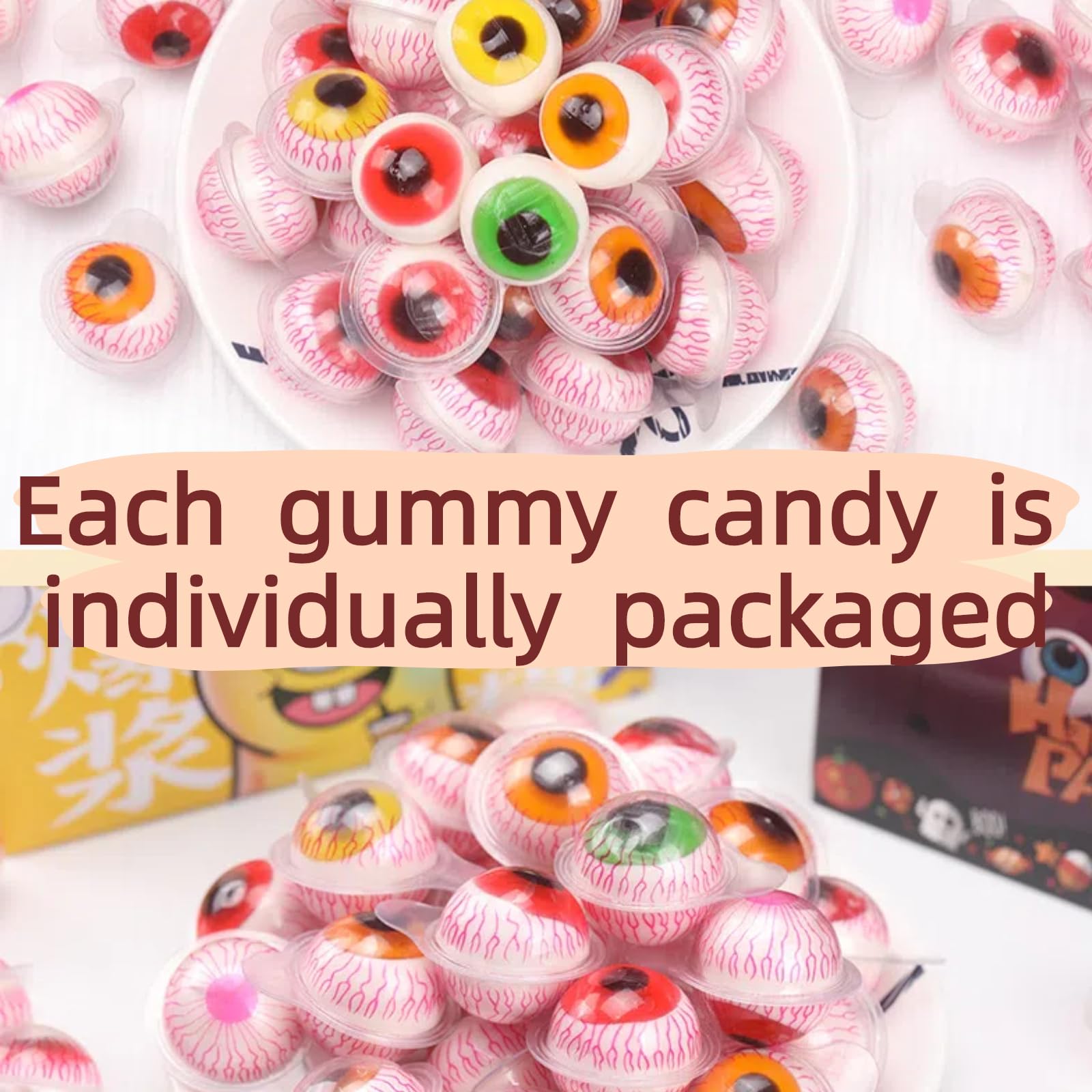 Creepy Eyeball Gummy Candies with Juicy Fruit Filling - 40 Individually Wrapped Chewy Sweets, Realistic Eye-Shaped Treats for Halloween Trick or