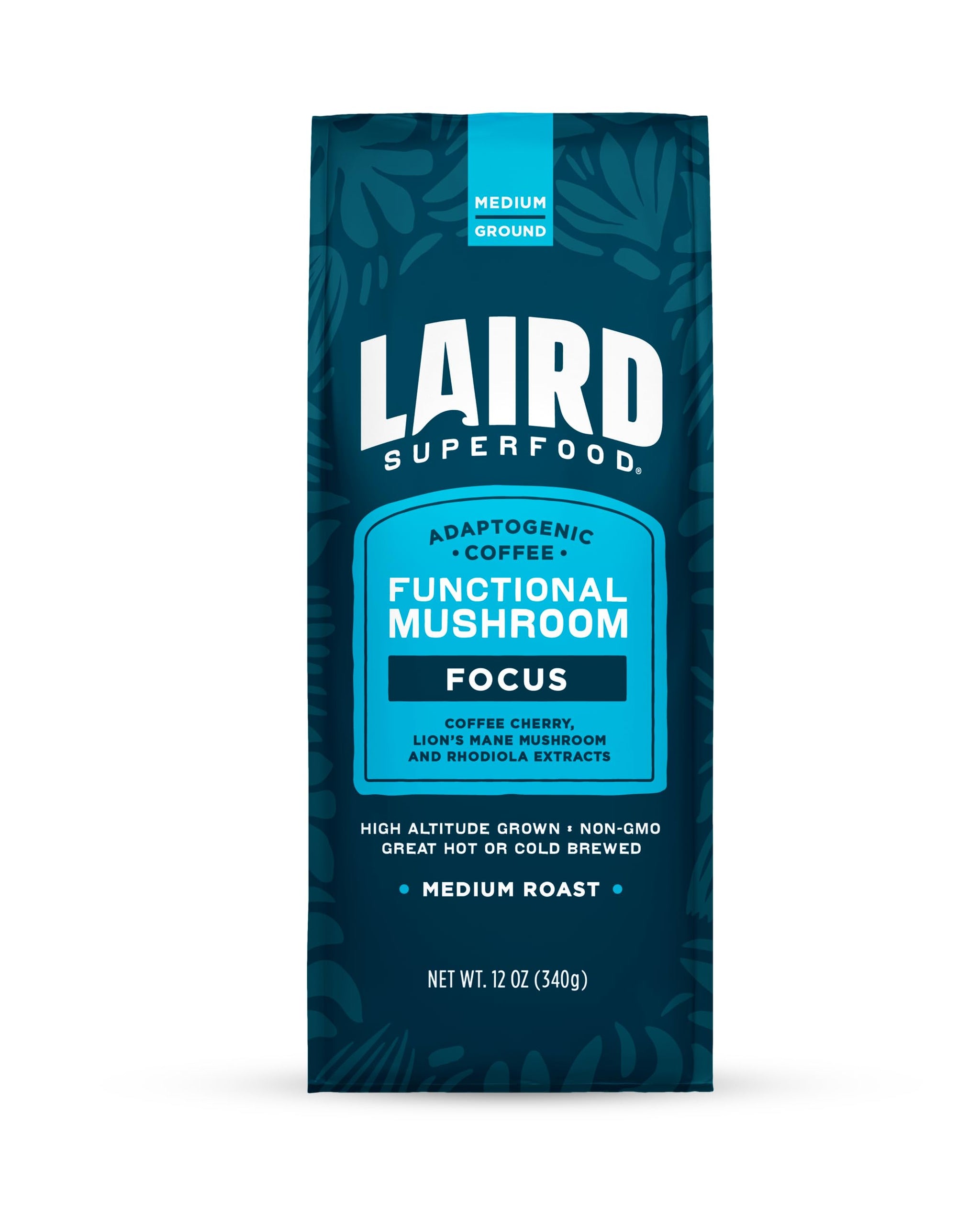 Laird Superfood Focus Coffee, Medium Roast Ground Coffee Infused with Functional Mushrooms and Botanical Adaptogens, 12 oz. Bag