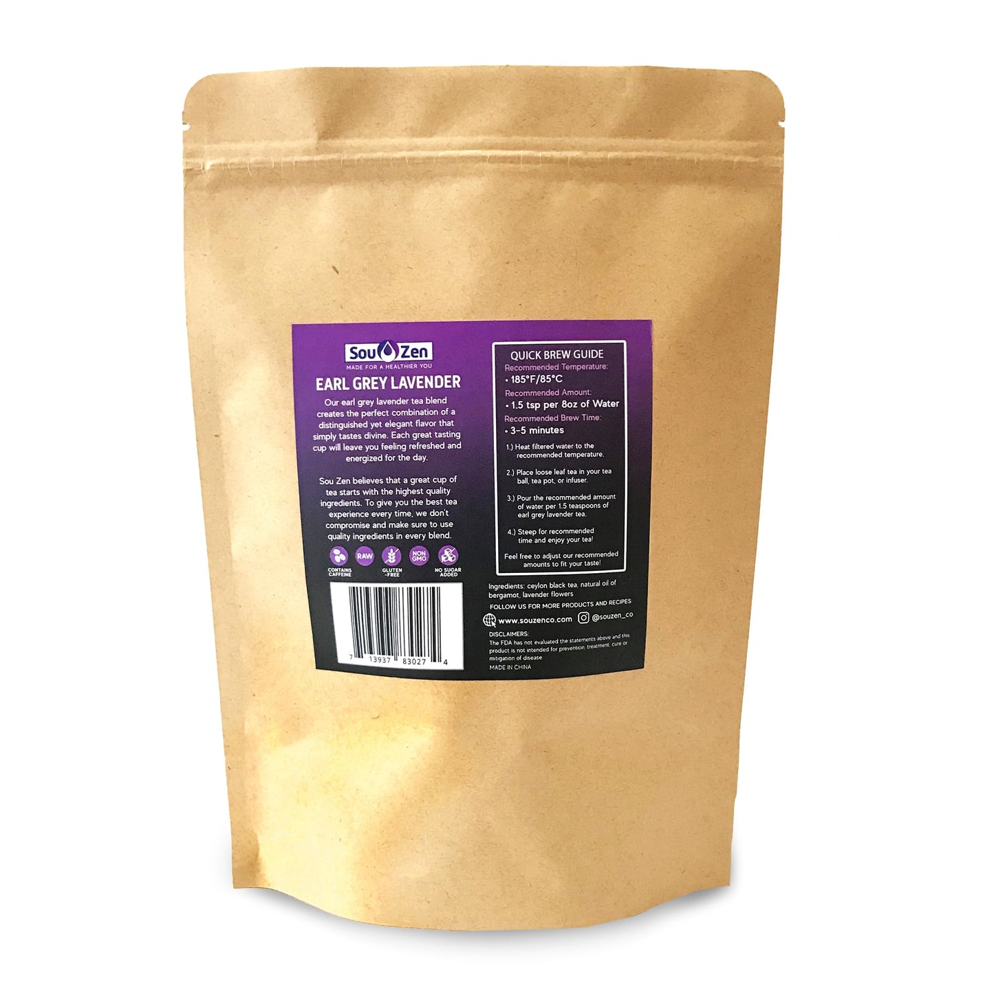 Sou Zen Earl Grey Lavender Loose Leaf Tea Blend 4oz | Ceylon Black Tea with Bergamot Oil and Lavender Flowers | Aromatic Black Tea Blend | Resealable