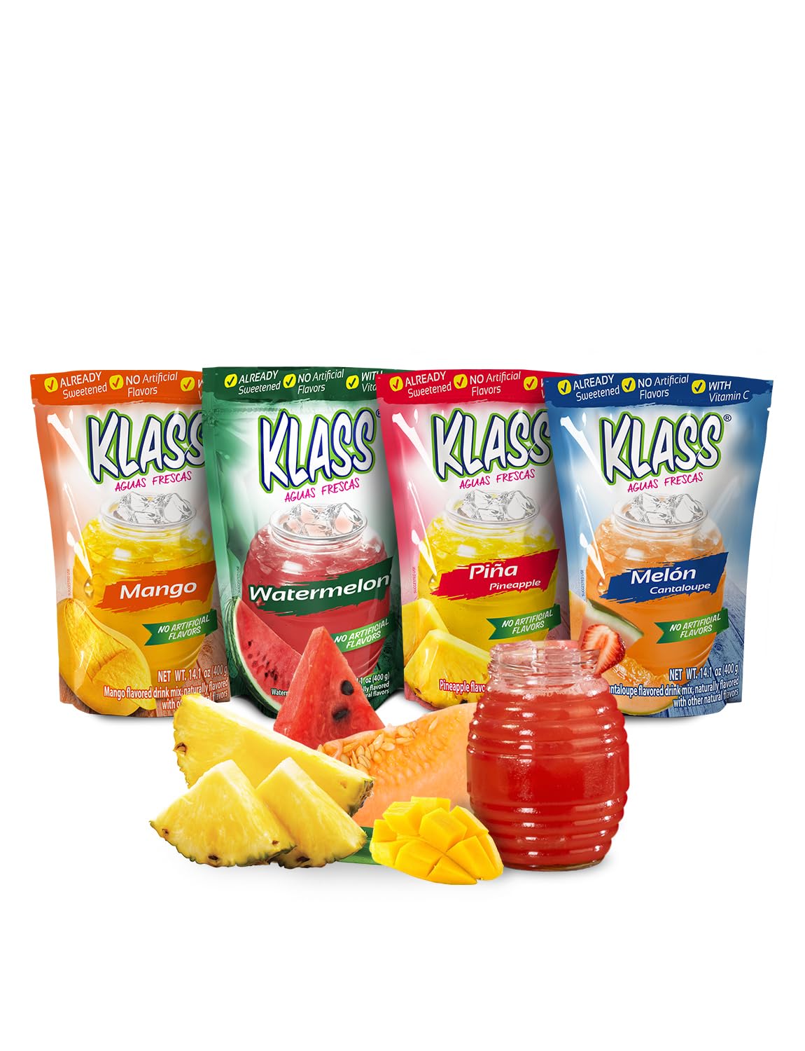Klass Aguas Frescas Drink Mix Tropical Variety Pack - Watermelon, Cantaloupe, Mango & Pineapple - Powder Drink Mix, Water Drink Mix with Natural