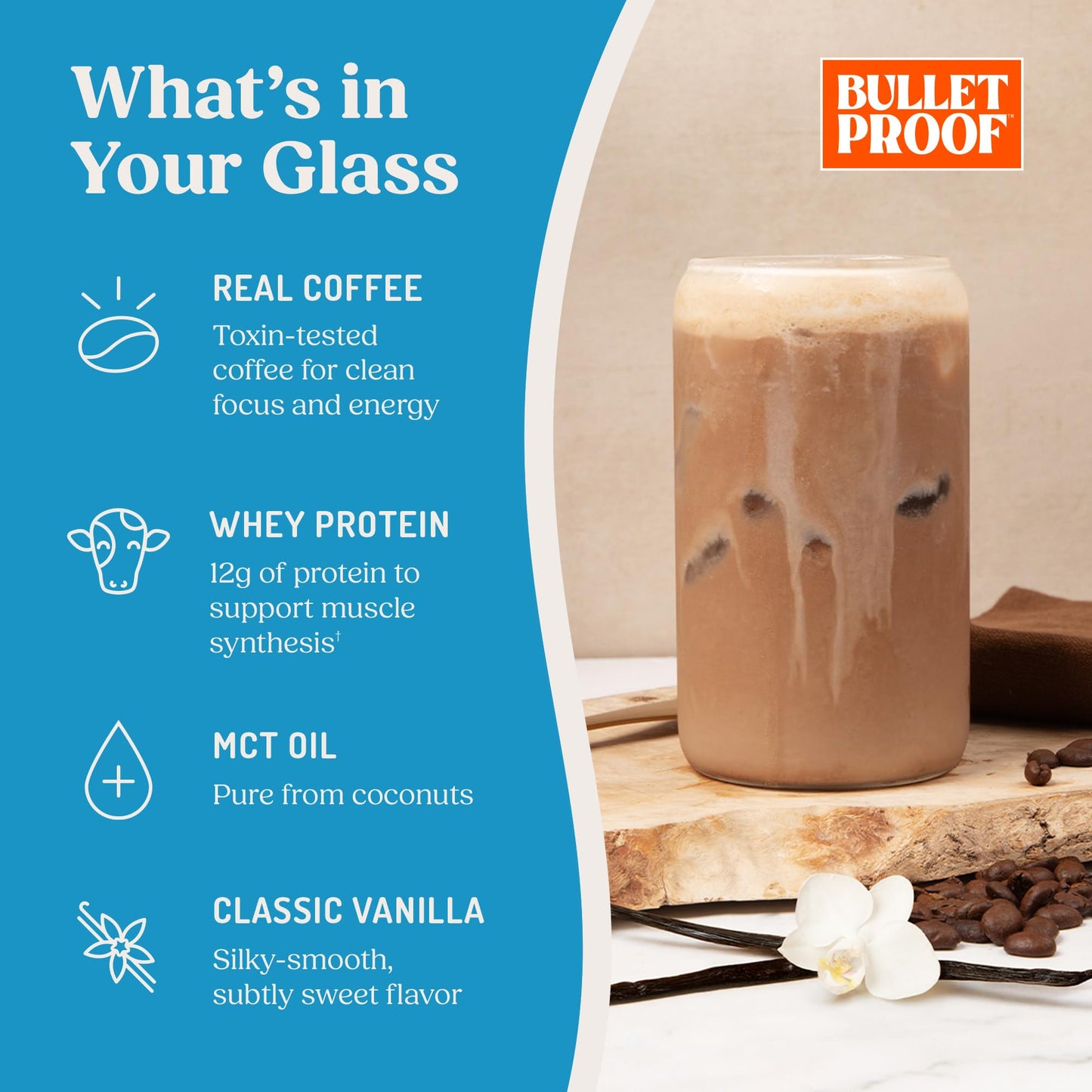 Bulletproof Iced Protein Coffee, Vanilla, 12g Whey Protein + MCT Oil, 170mg Caffeine, Instant Coffee from Real Beans, Tested for Toxins, No Artificial