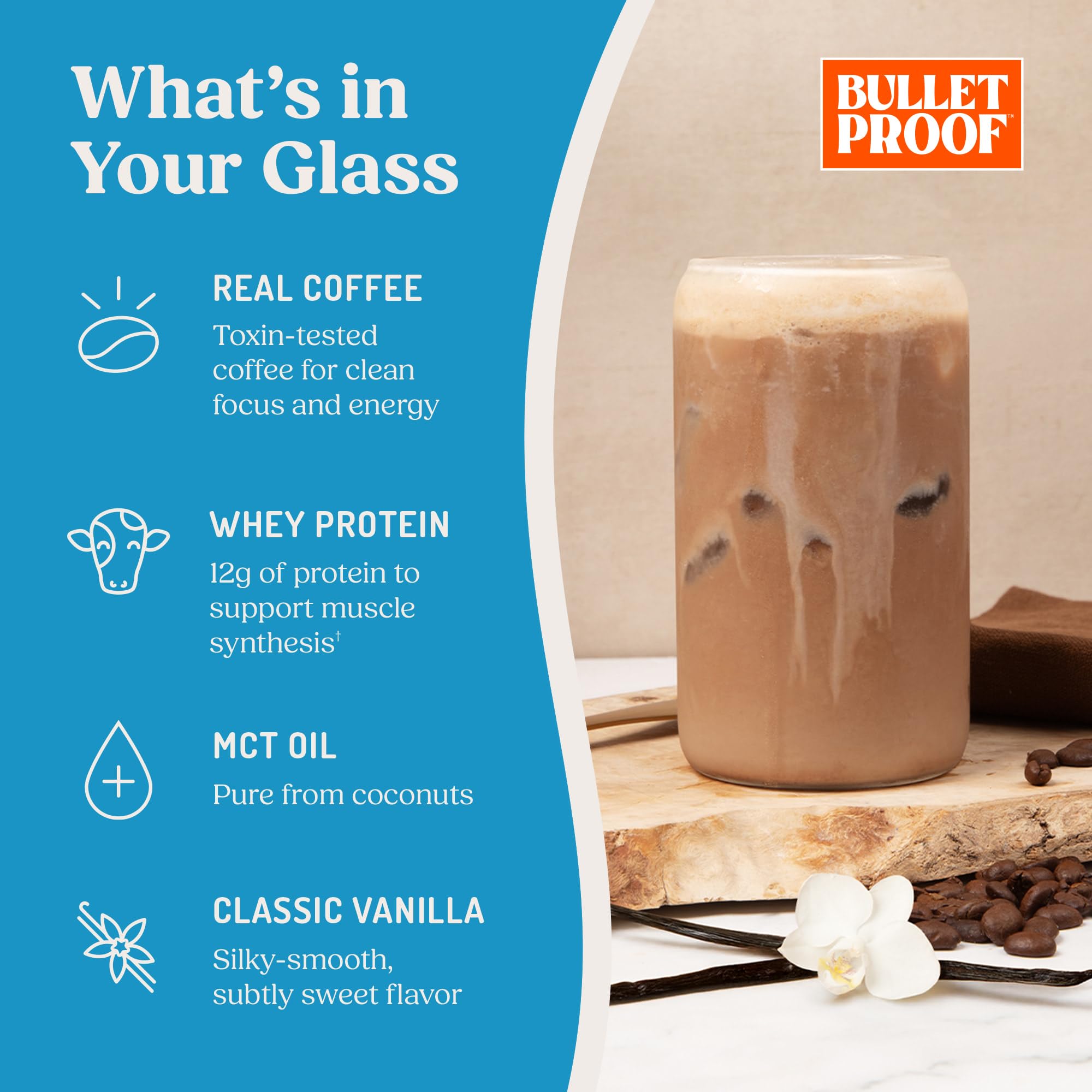 Bulletproof Iced Protein Coffee, Vanilla, 12g Whey Protein + MCT Oil, 170mg Caffeine, Instant Coffee from Real Beans, Tested for Toxins, No Artificial