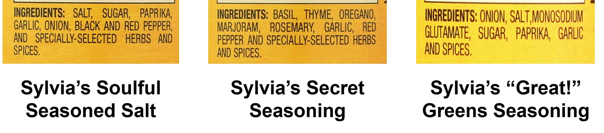 Sylvia's Seasoning Variety Pack, (Great! Greens 5.25oz, Soulful Seasoned Salt 7oz, and Secret Seasoning 1.5oz) 3 Containers