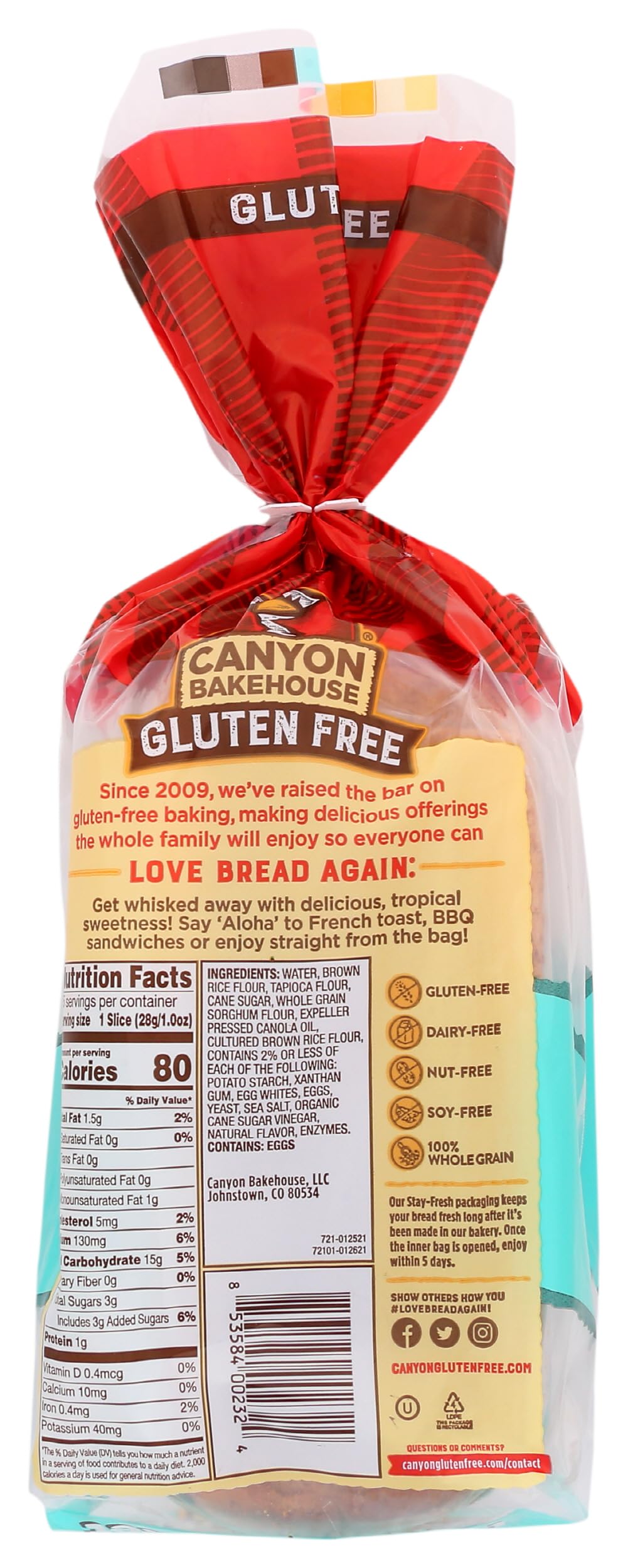 Canyon Bakehouse Hawaiian Sweet Gluten Free Bread, Whole Grain Sandwich Bread, Fresh, 15 oz Loaf