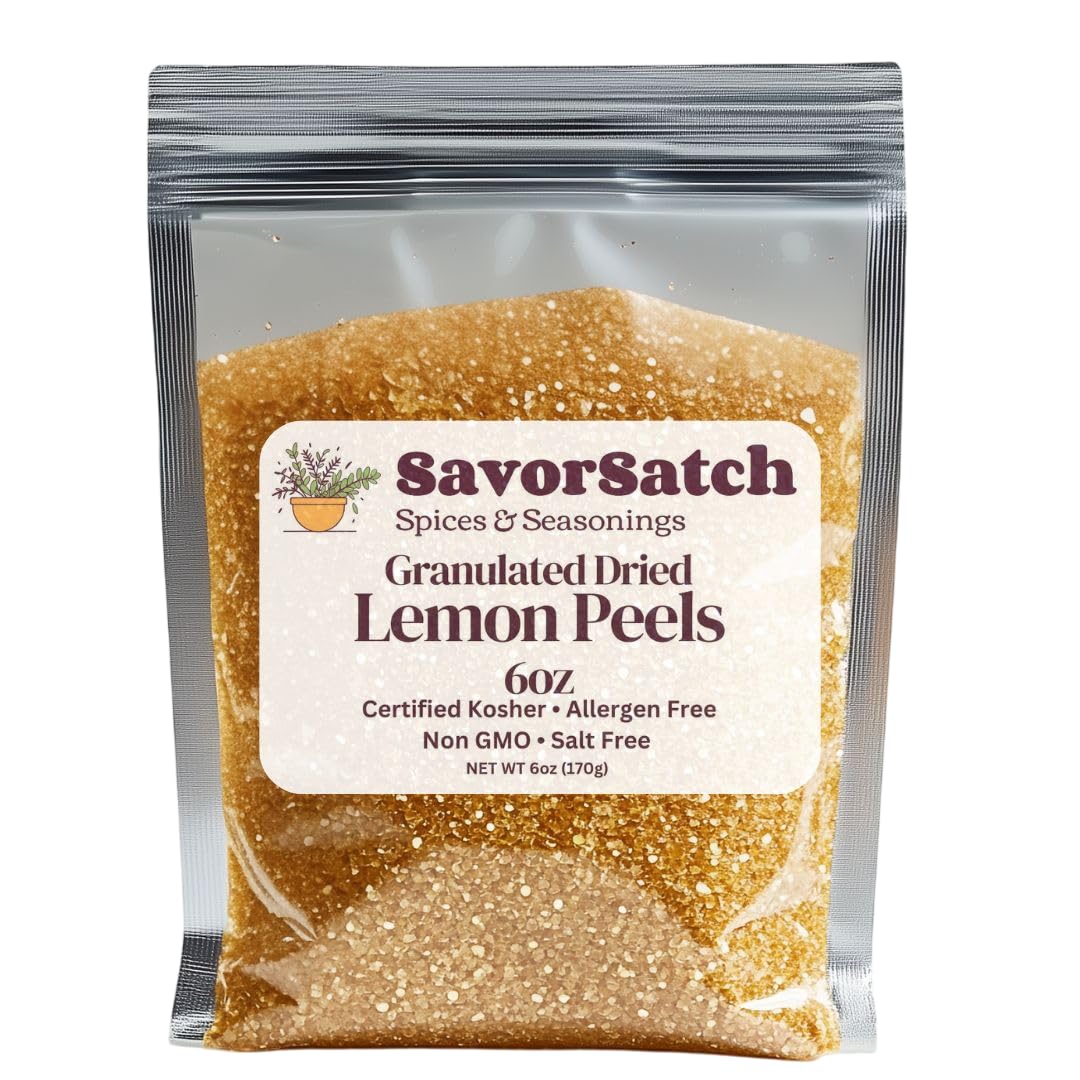 SavorSatch Lemon Peel Granules - 6oz Resealable Pouch | Certified Kosher, GMO-Free, Allergen-Free | Bulk Citrus Zest for Seasoning, Rubs, Marinades