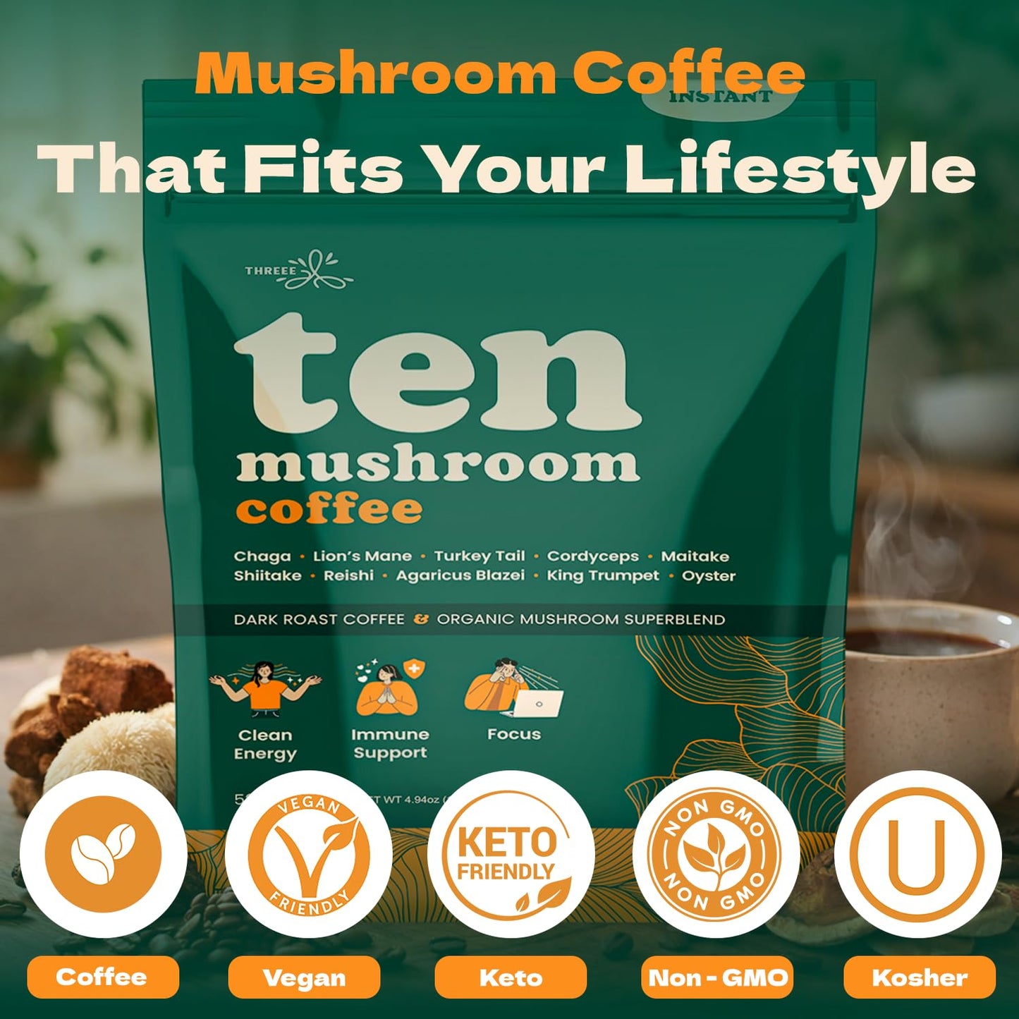 Ten Mushroom Coffee- Instant Dark Roast Coffee with 10 Organic Functional Mushrooms (Lion’s Mane, Chaga, Cordyceps, Reishi & More)- Mushroom Coffee
