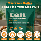 Ten Mushroom Coffee- Instant Dark Roast Coffee with 10 Organic Functional Mushrooms (Lion’s Mane, Chaga, Cordyceps, Reishi & More)- Mushroom Coffee