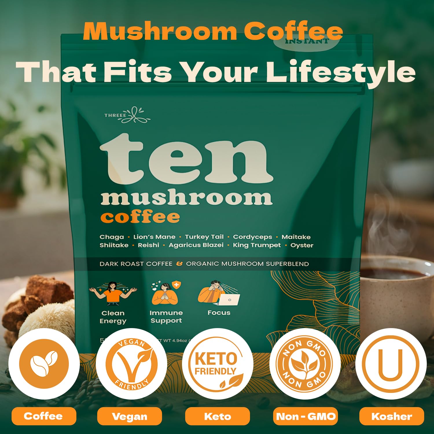 Ten Mushroom Coffee- Instant Dark Roast Coffee with 10 Organic Functional Mushrooms (Lion’s Mane, Chaga, Cordyceps, Reishi & More)- Mushroom Coffee