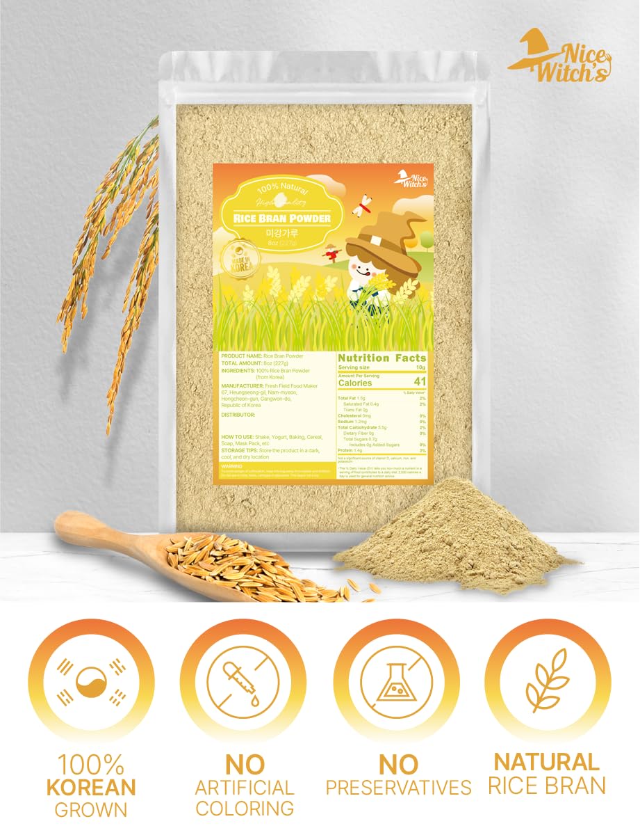Nice Witch’s Rice Bran Powder 8 oz (227g), 100% Pure Raw Rice Bran, Edible & Multi-Purpose, For Smoothies, Baking