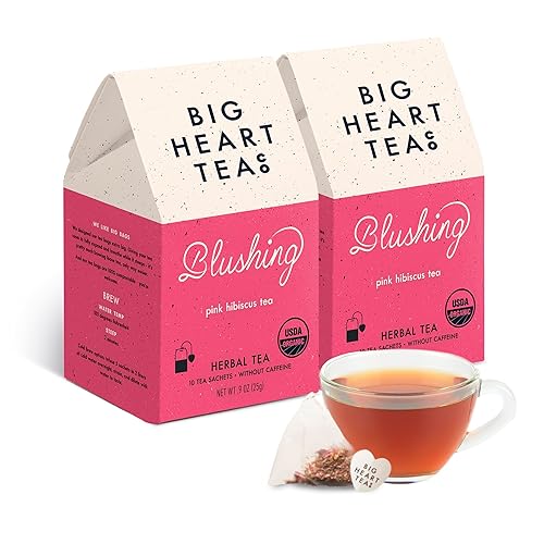 Big Heart Tea Co. Tea Bags - Blushing Pink Hibiscus - Certified Organic, Naturally Sweet Ayurvedic Herbal Decaf Tea with Small Batch Ground Herbs