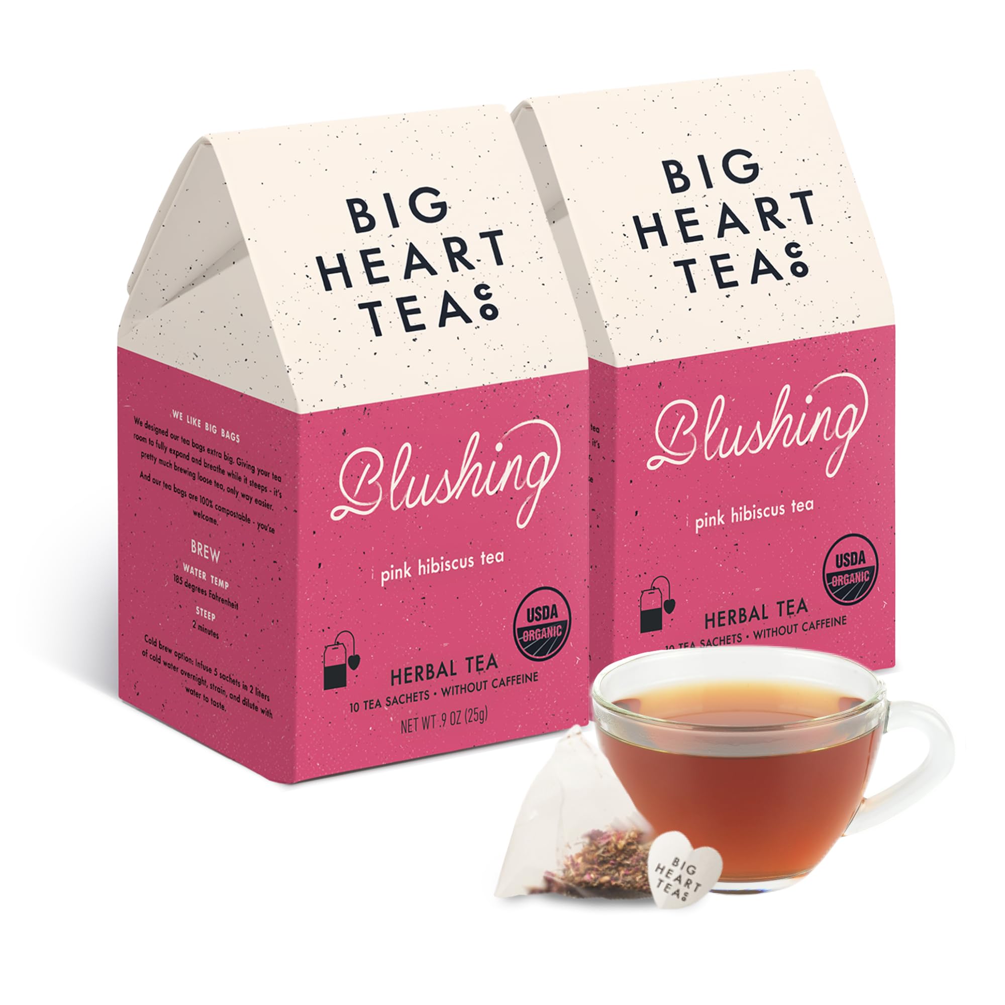 Big Heart Tea Co. Tea Bags - Blushing Pink Hibiscus - Certified Organic, Naturally Sweet Ayurvedic Herbal Decaf Tea with Small Batch Ground Herbs