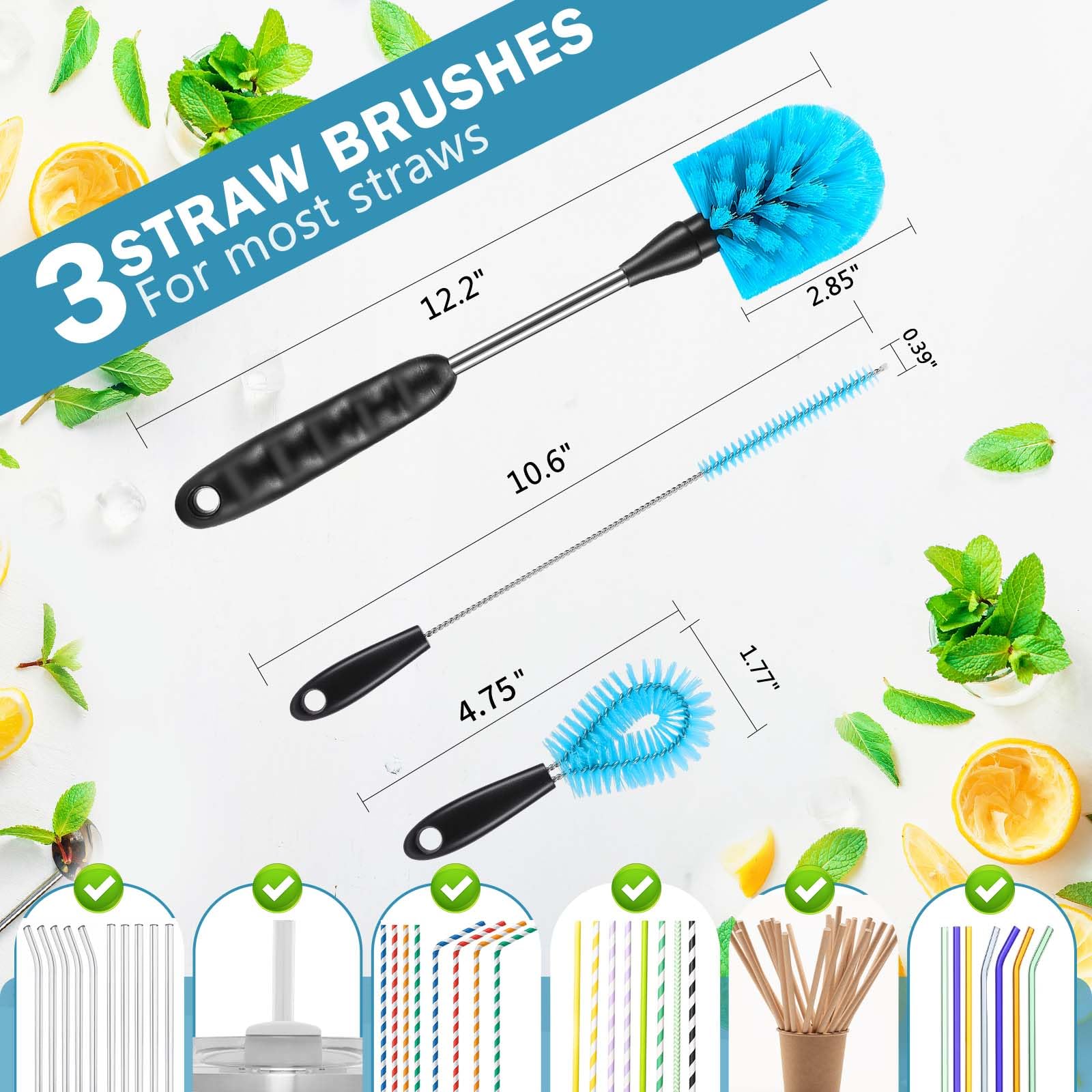 12.2 inch Bottle Brush Set of Three?Washable Coffee Cups, Water Bottles, Baby Bottles, Straws, to-go Cups, Long-Handled 3-in-1 Stainless Steel Bottle