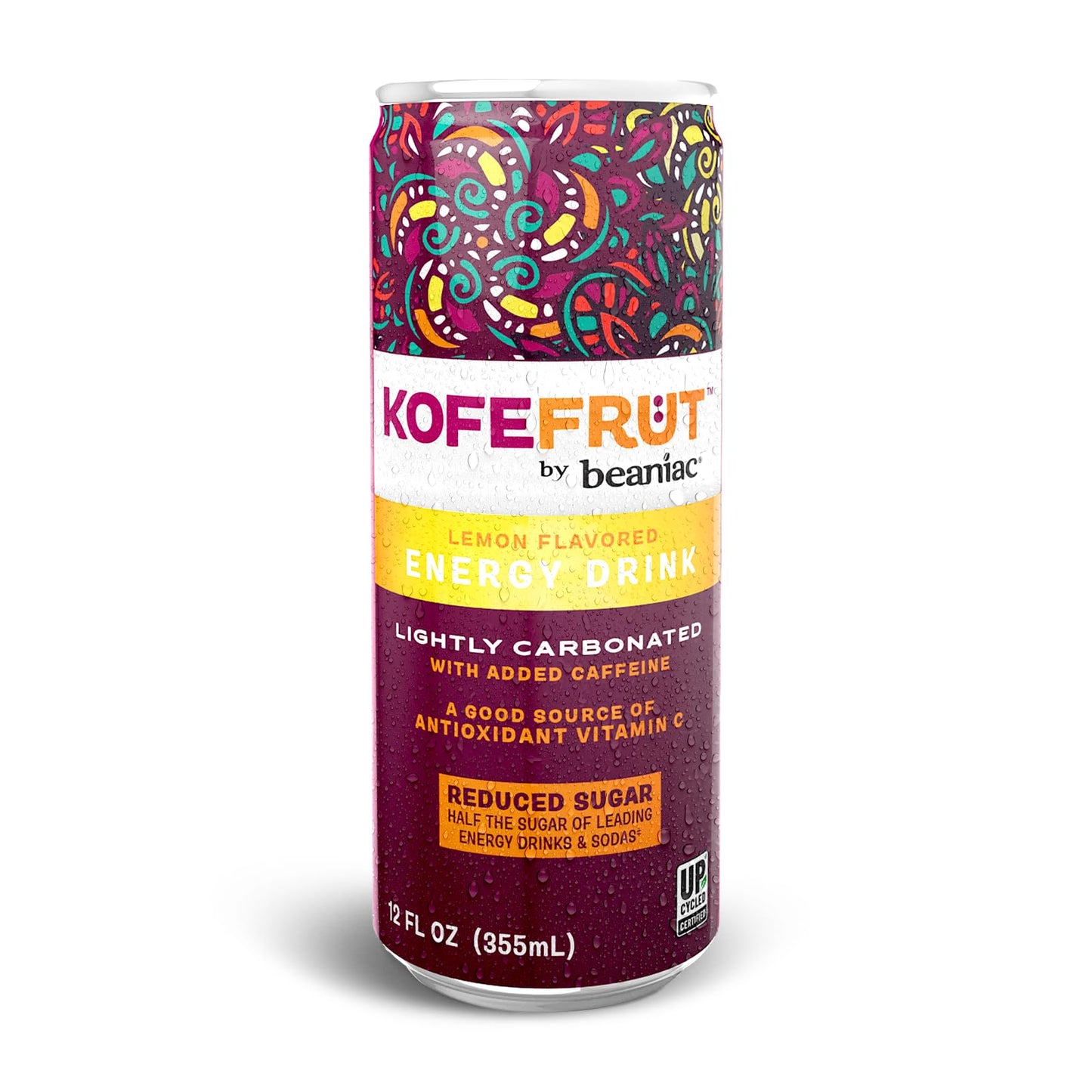 KOFEFRUT by beaniac Caffeinated Energy Drink, Lemon, Lightly Carbonated, Reduced Sugar, 80mg Caffeine, Polyphenols, Antioxidants, Vitamin C, 12 Fl Oz