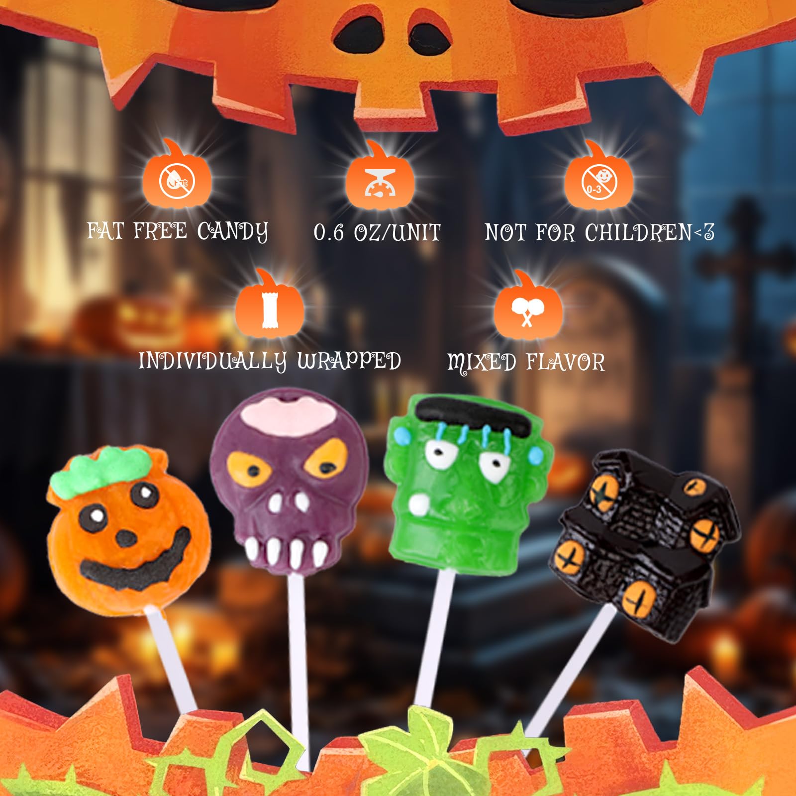 Halloween Lollipop Suckers Individually Wrapped Bulk - Spooky Candy Lollipops - Pumpkin, Green Monster, Zombie, Haunted House Candies for Kids
