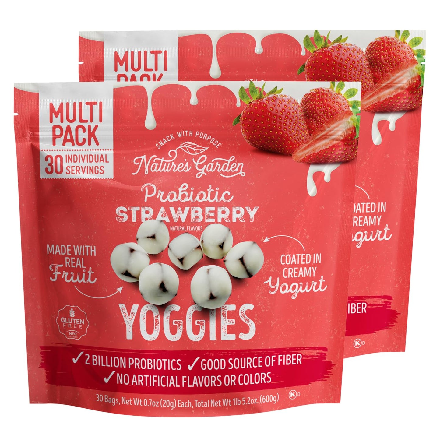 Nature's Garden Probiotic Strawberry Yoggies 21oz (30 x 0.7oz) Pack of 2 - Strawberry Yogurt-Covered Fruit Bites, High Fiber, Real Fruit Pieces, No
