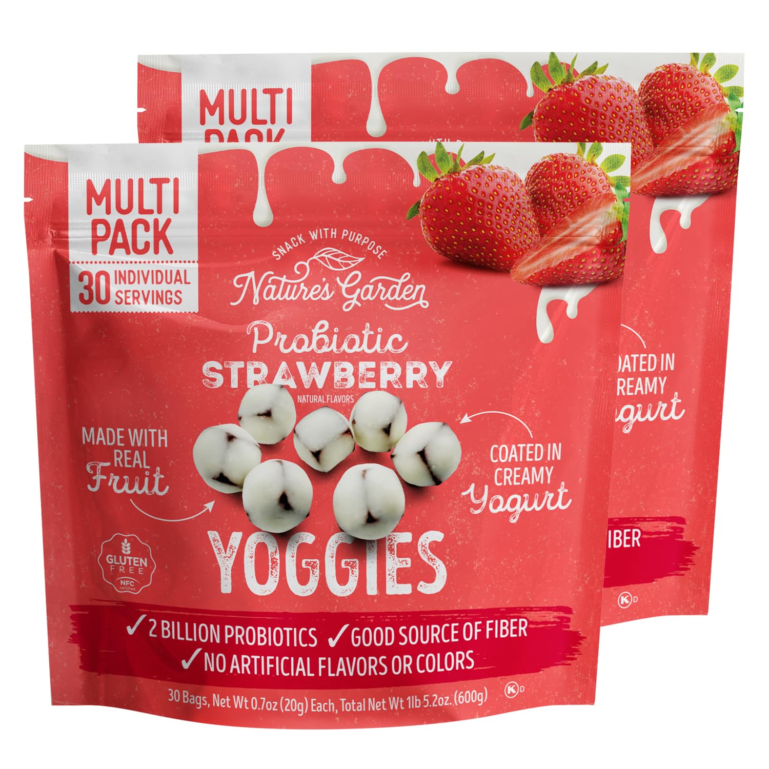 Nature's Garden Probiotic Strawberry Yoggies 21oz (30 x 0.7oz) Pack of 2 - Strawberry Yogurt-Covered Fruit Bites, High Fiber, Real Fruit Pieces, No