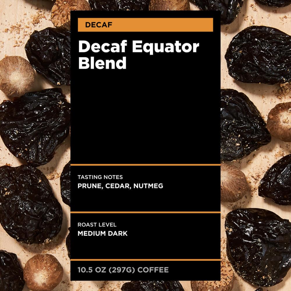 Equator Coffees, Equator Blend Decaf Ground Coffee, Medium Dark Roast, Fresh Roasted, Smooth Chocolate Nutmeg Flavor Notes, Sustainable, Decaffeinated