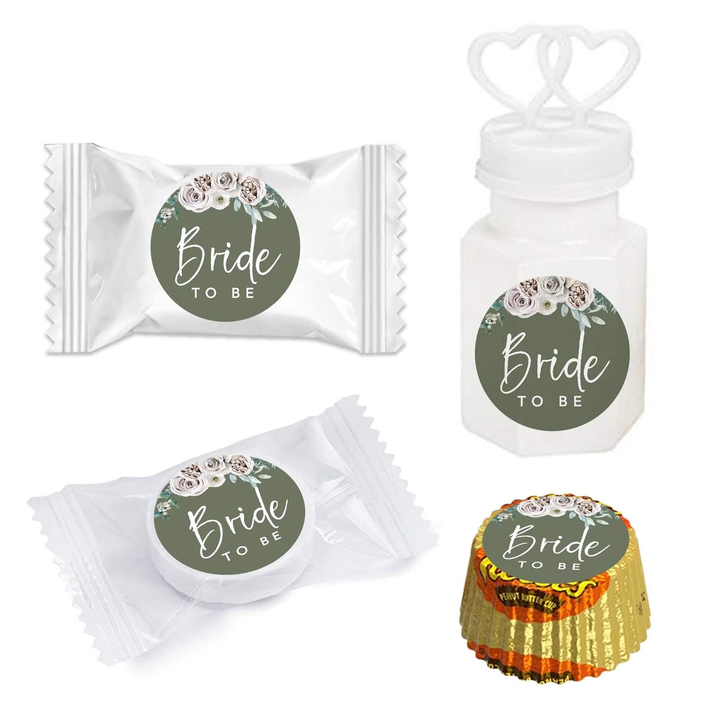 Andaz Press Sage Green with Cream Floral Blossoms Fall Wedding Party Collection, Chocolate Drop Label Stickers Trio, Bride to Be, Floral Bouquet