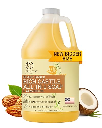 Dr. Jacobs Naturals Pure Castile Soap, 64 oz Value Size - Almond - Made in USA - All-in-One Plant-Based Multipurpose Cleaner for Floors, Counters