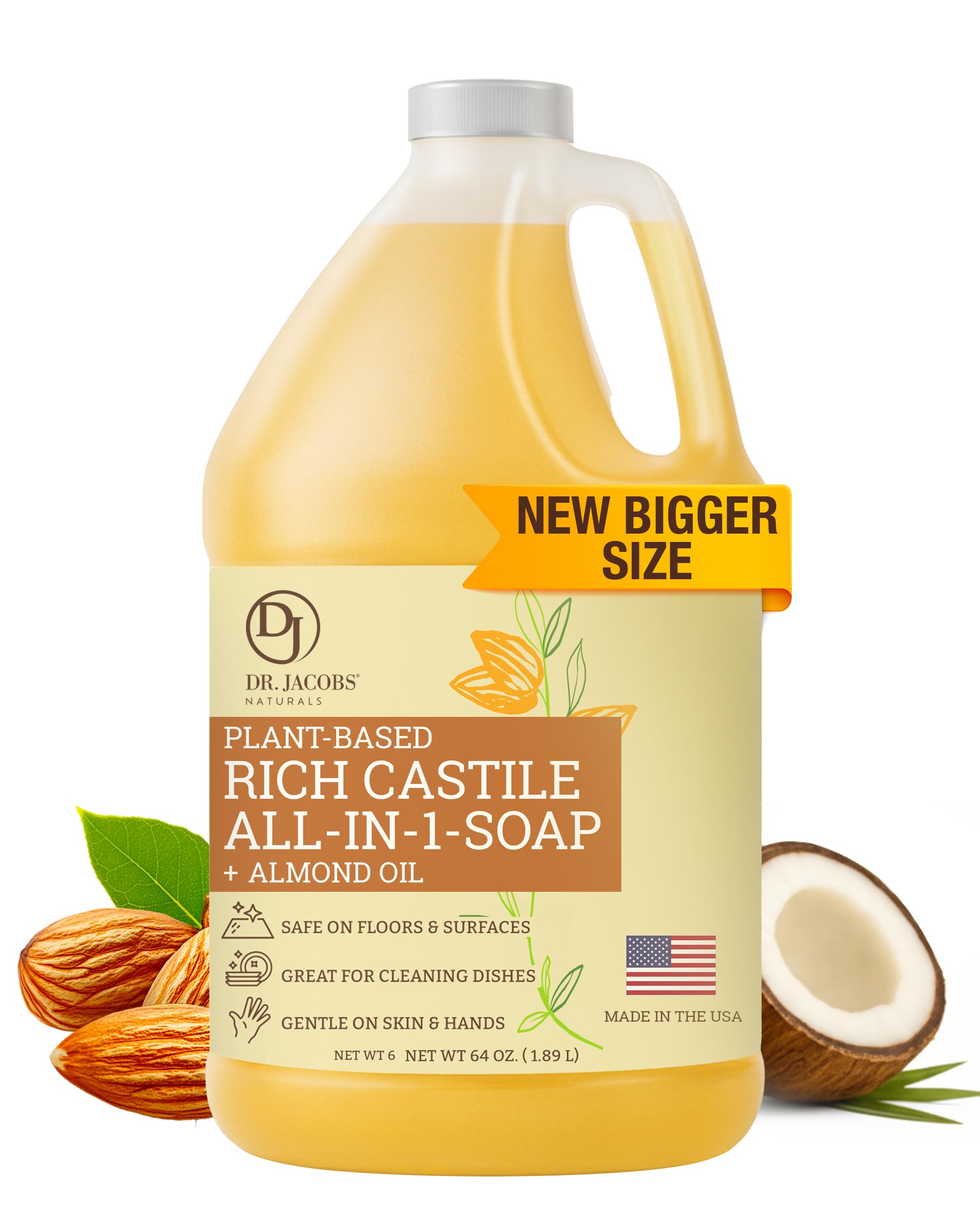 Dr. Jacobs Naturals Pure Castile Soap, 64 oz Value Size - Almond - Made in USA - All-in-One Plant-Based Multipurpose Cleaner for Floors, Counters