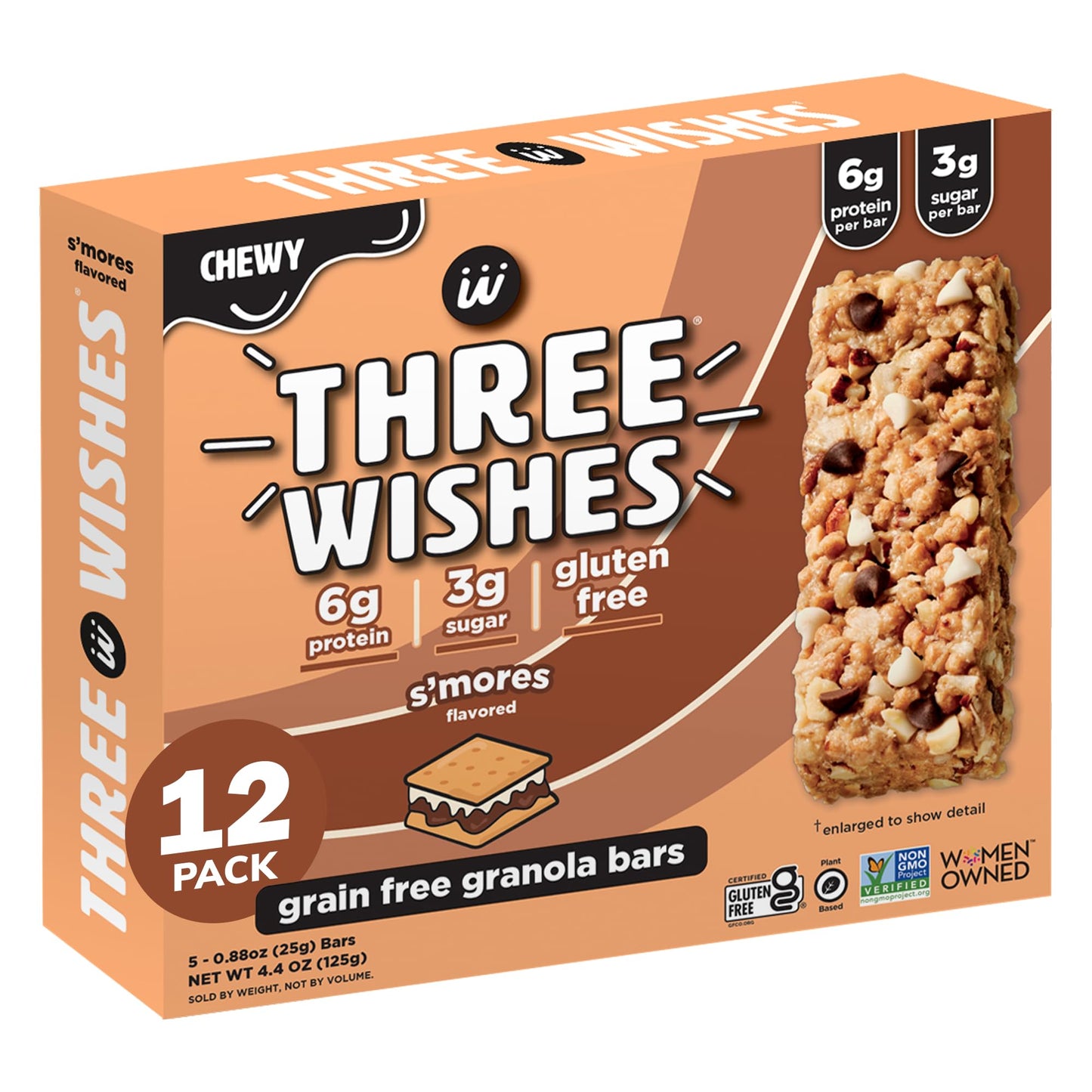 Three Wishes Chewy Granola Bars, S'mores (12-Pack) - Gluten & Grain-Free Soft Snack Food Bar with 6g Protein, 3g Sugar - Healthy Breakfast & On-the-Go