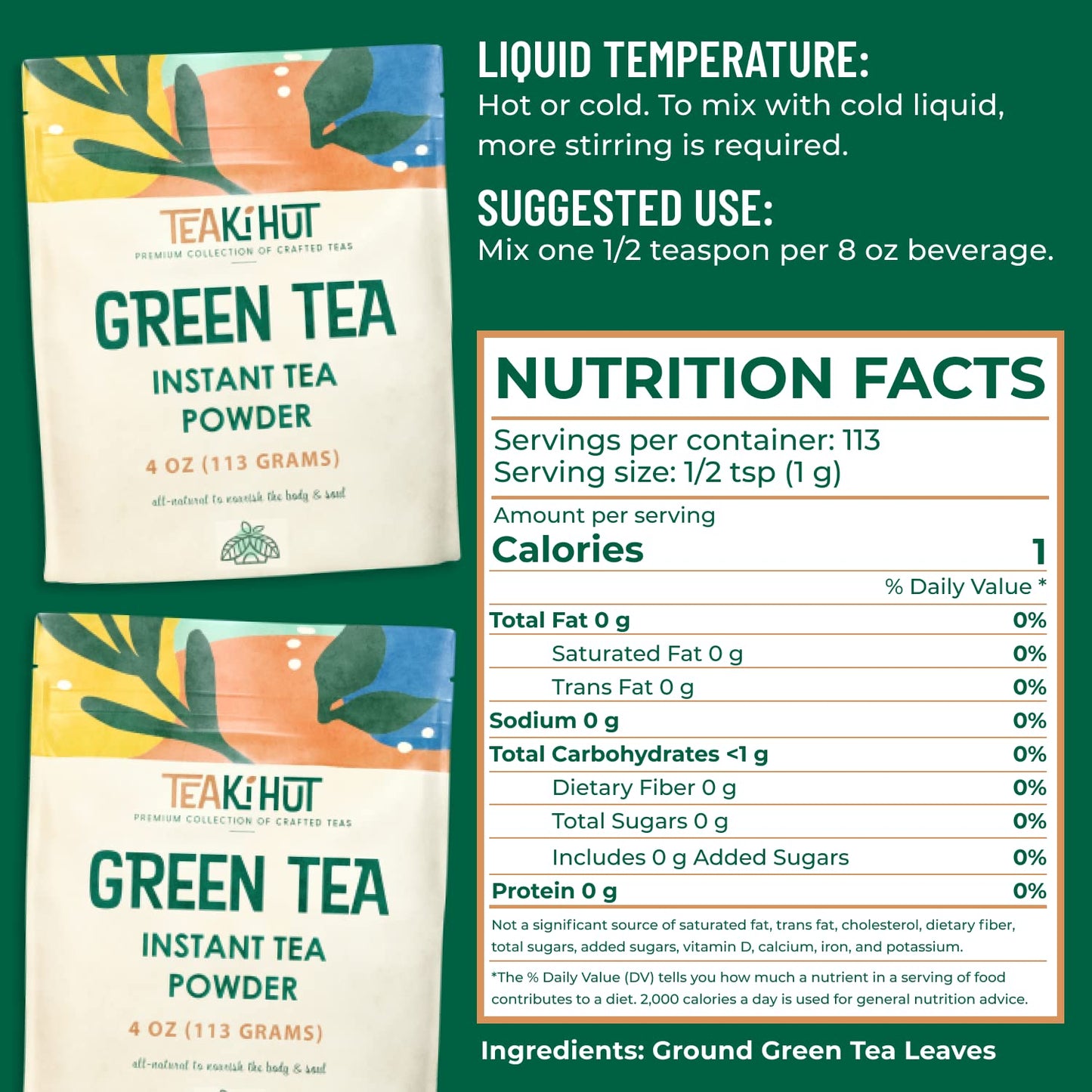 TEAki Hut Instant Green Tea Powder, Refreshing Unsweetened Drink mix, Premium Green Tea Instant Powder for Beverages, Smoothies or Baked Goods, Great