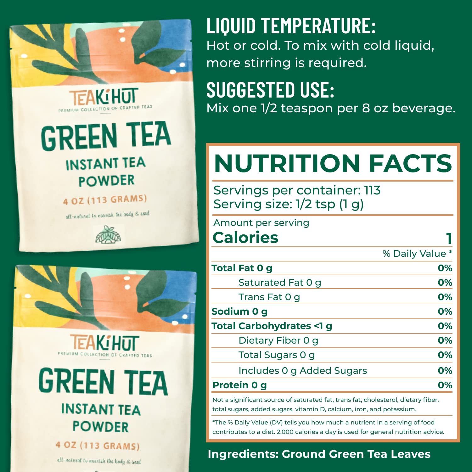 TEAki Hut Instant Green Tea Powder, Refreshing Unsweetened Drink mix, Premium Green Tea Instant Powder for Beverages, Smoothies or Baked Goods, Great