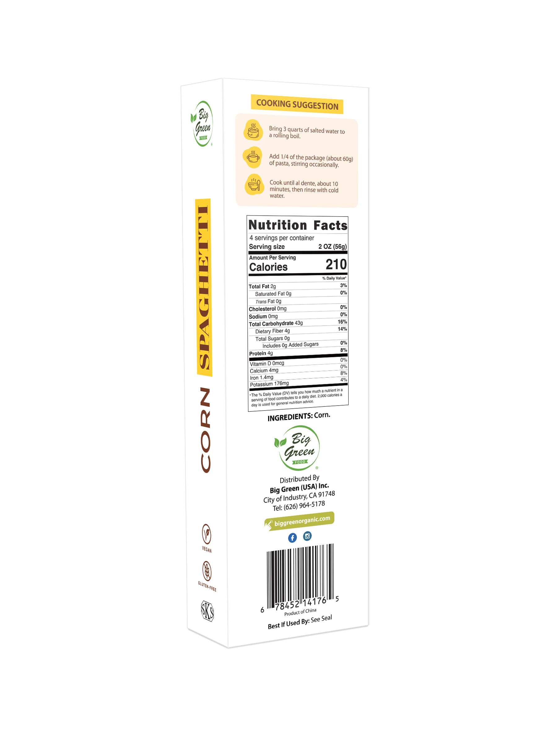 Big Green Food - Corn Spaghetti, Premium Gluten-Free Penne Pasta, Wheat Free, Vegan Friendly (1 Box)