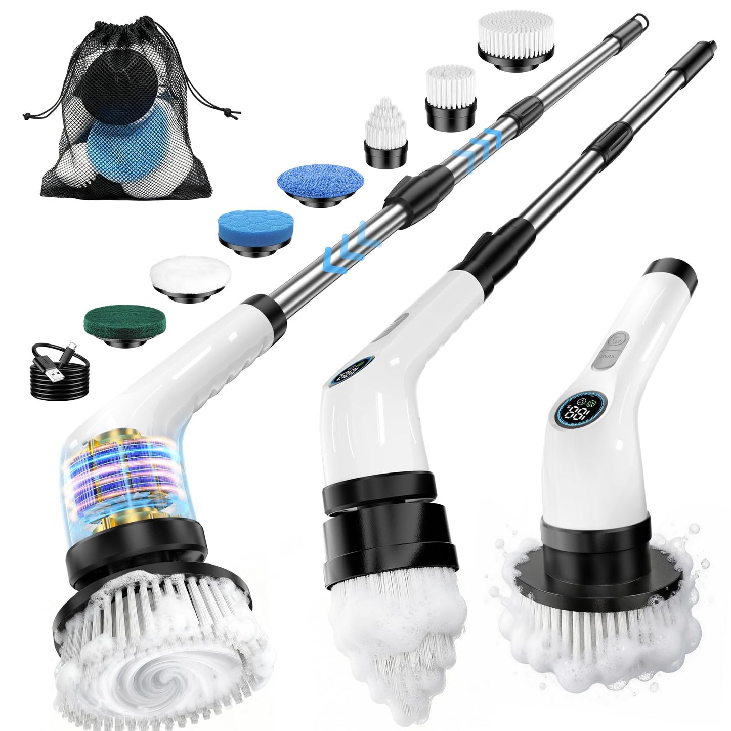 Electric Spin Scrubber, Rechargeable with Upgraded Battery & Extended Runtime, IPX7 Cleaning Brush, 3000mAh Battery 7 Brush Heads 2-Speed Adjustable