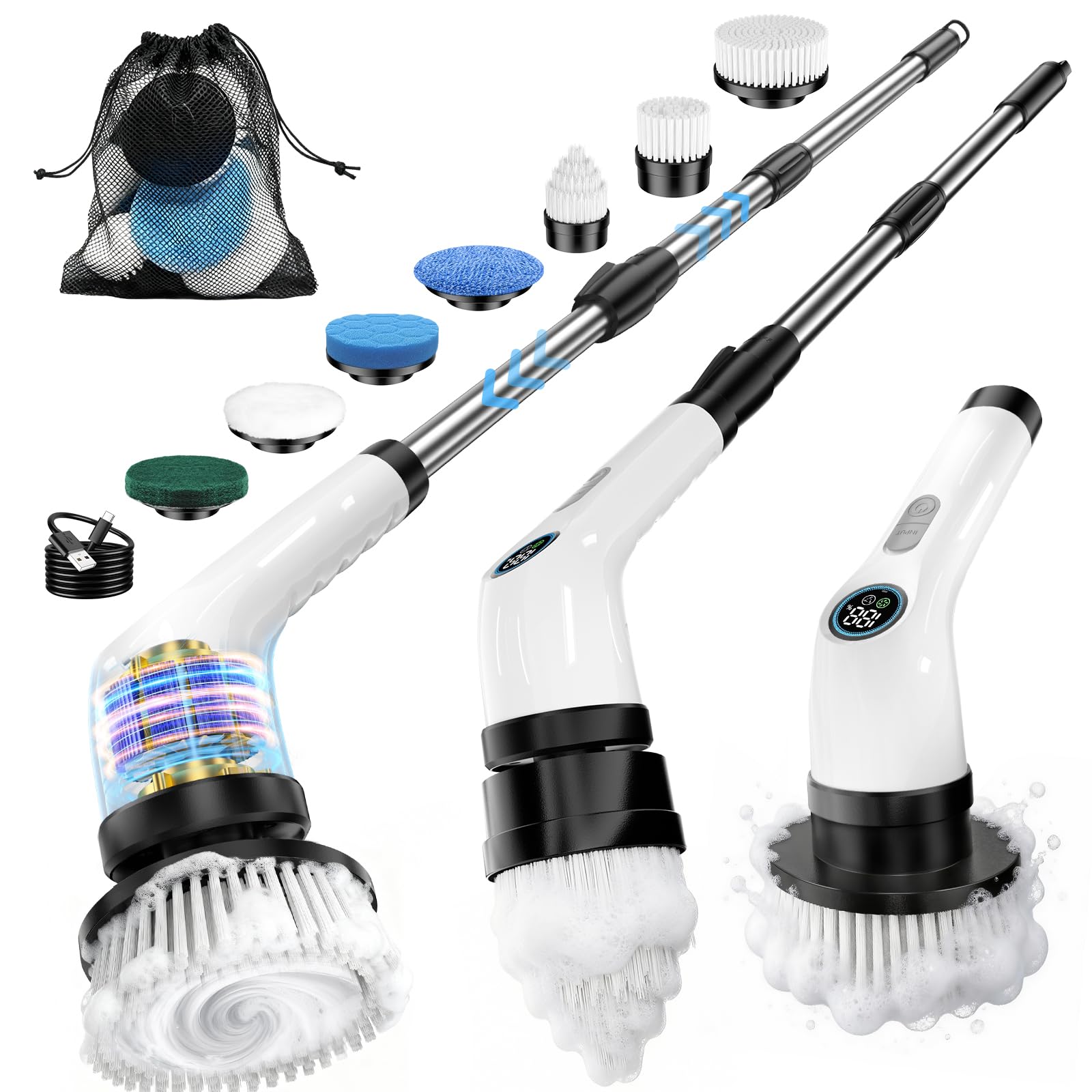 Electric Spin Scrubber, Rechargeable with Upgraded Battery & Extended Runtime, IPX7 Cleaning Brush, 3000mAh Battery 7 Brush Heads 2-Speed Adjustable