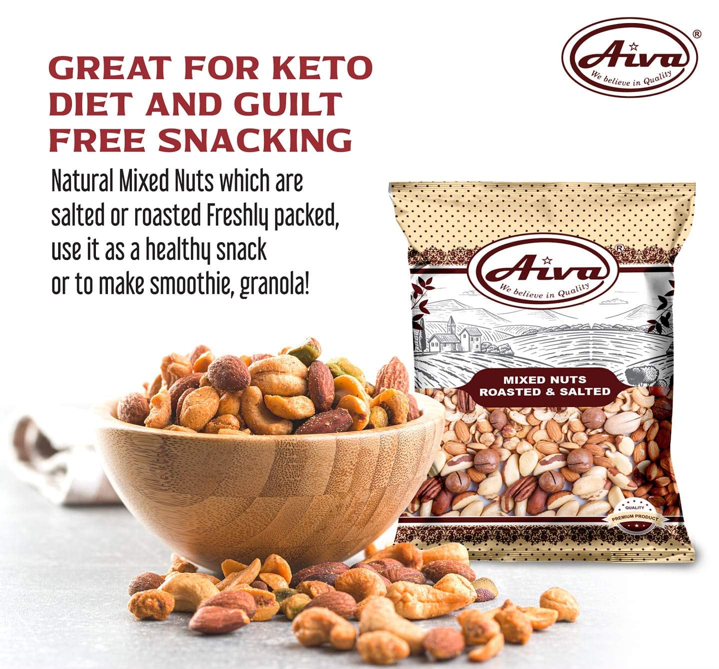Aiva Roasted & Salted Mixed Nuts Bulk - 2 lb | Almonds, Cashews, Peanuts, Pecan, Hazel Nut, Brazil Nuts